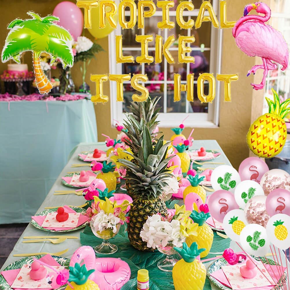 Vetwo Decoraciones tropicales de despedida de soltera, globos tropicales dorados con texto en inglés “Like its Hot Balloons”, playas, cocoteros,