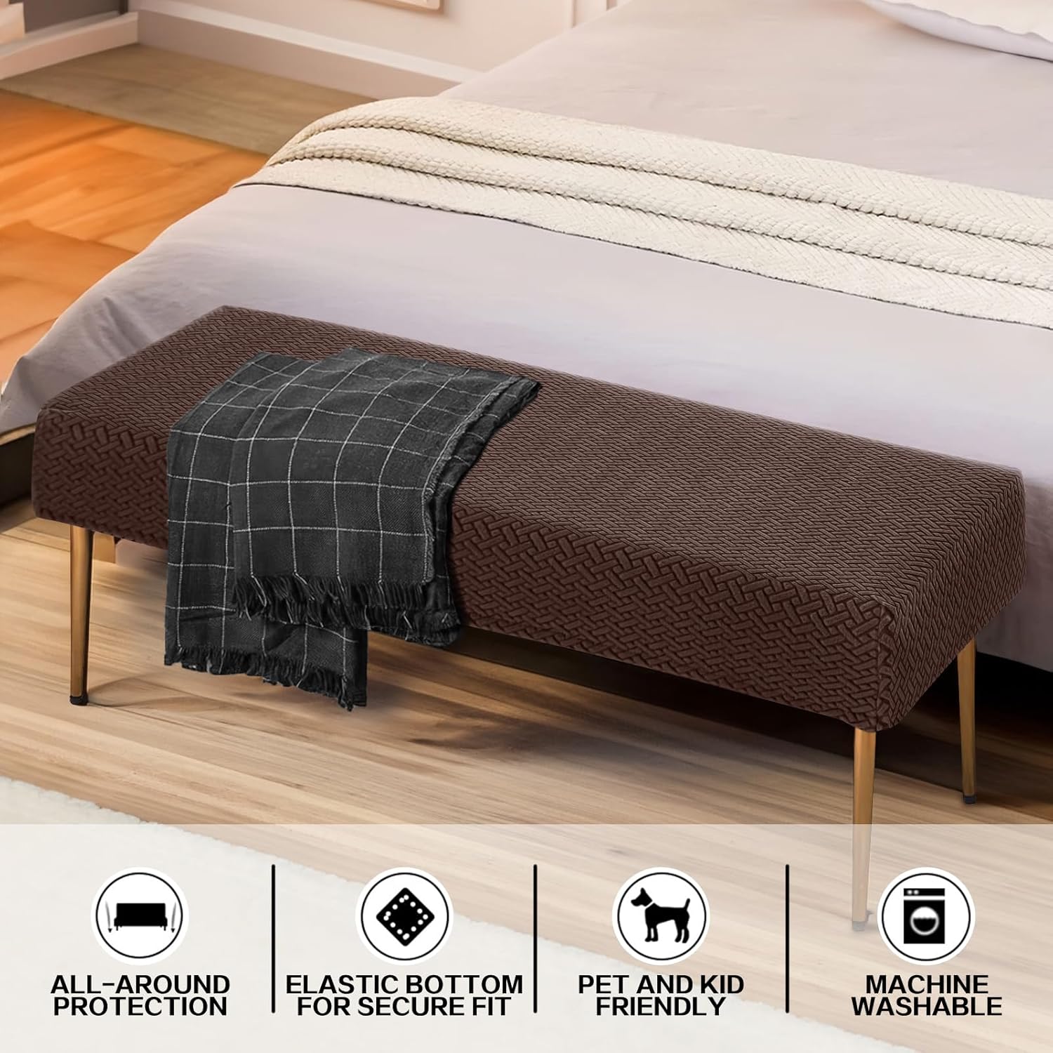 Funda de banco de jacquard elástica para comedor, antipolvo, extraíble, lavable, para sala de estar, dormitorio, cocina (47-59 pulgadas, marrón
