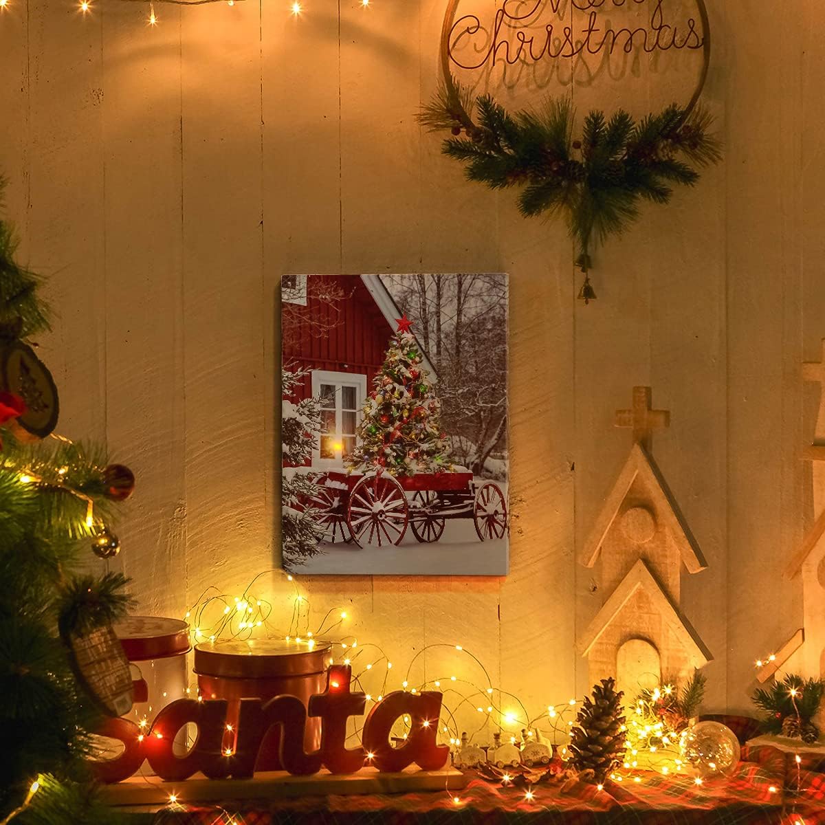 NIKKY HOME Lienzo decorativo con luz LED de Navidad de 16 x 12 pulgadas, impresiones artísticas de árbol iluminadas y casa de nieve, escena de