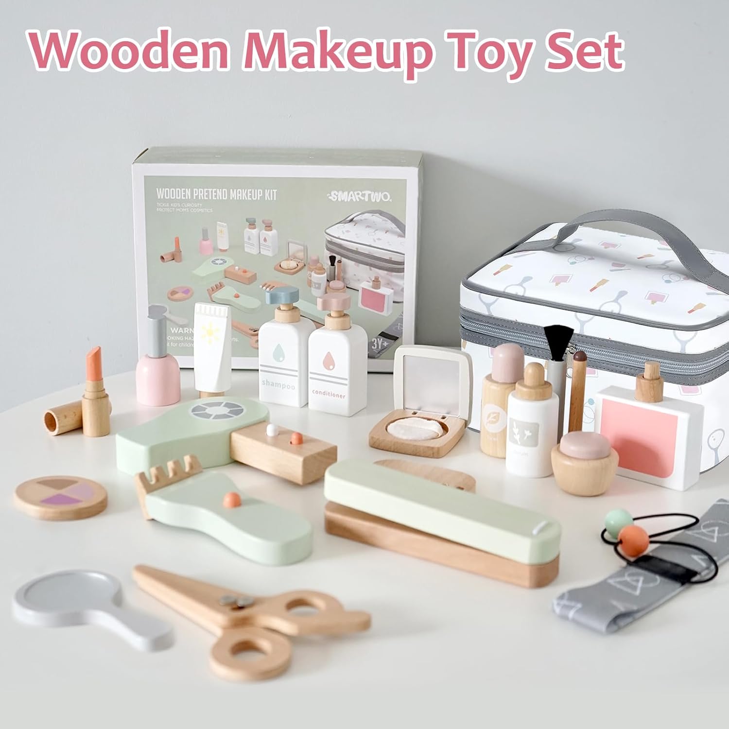 Juego de 22 juguetes de maquillaje de madera para niños pequeños, juguetes de salón de belleza de madera, kit de maquillaje de madera con accesorios