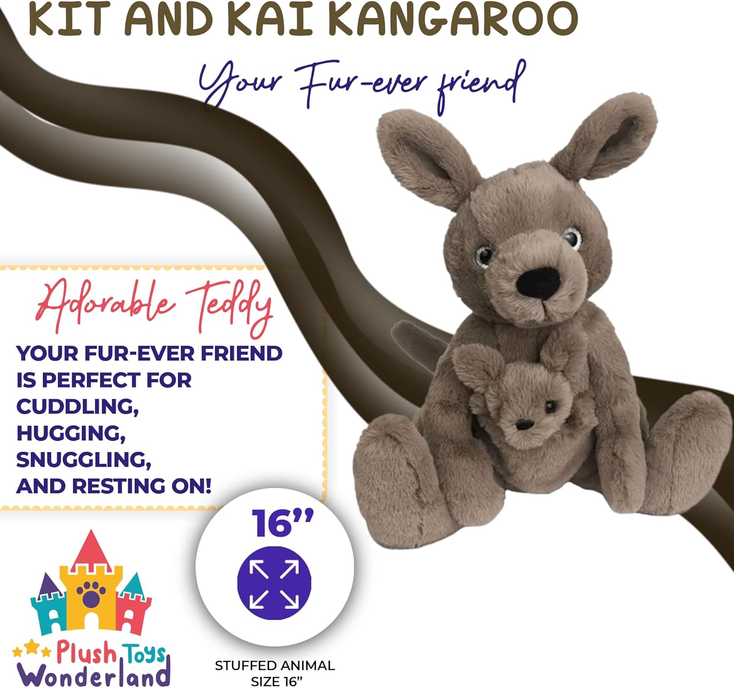 PLUSH TOYS WONDERLAND Kit & Kai Kangaroos – Animal de peluche, canguro abrazable de 16 pulgadas con Kai en bolsa, regalo de peluche para niños,