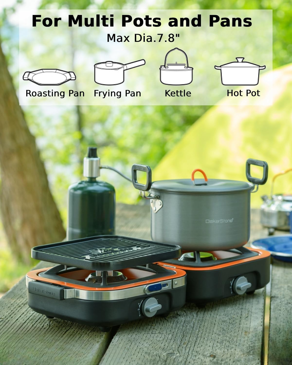 BakerStone Estufa de campamento de propano 2 quemadores ajustables con 20,000 BTU, estufa de campamento plegable portátil para exteriores, estufa de