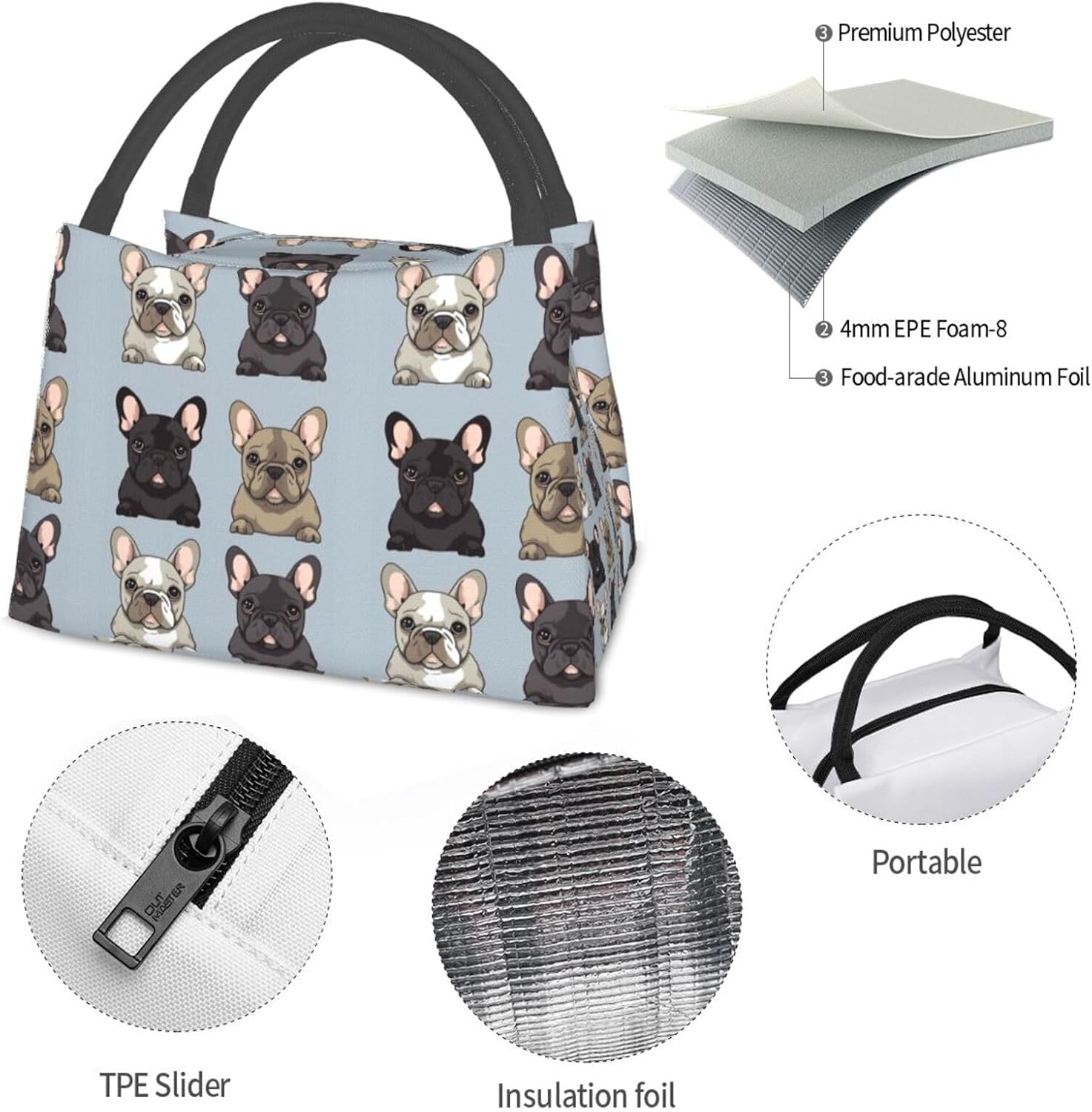 Lonchera para hombres y mujeres, con estampado de bulldog francés, bolsa de almuerzo aislada, reutilizable, portátil