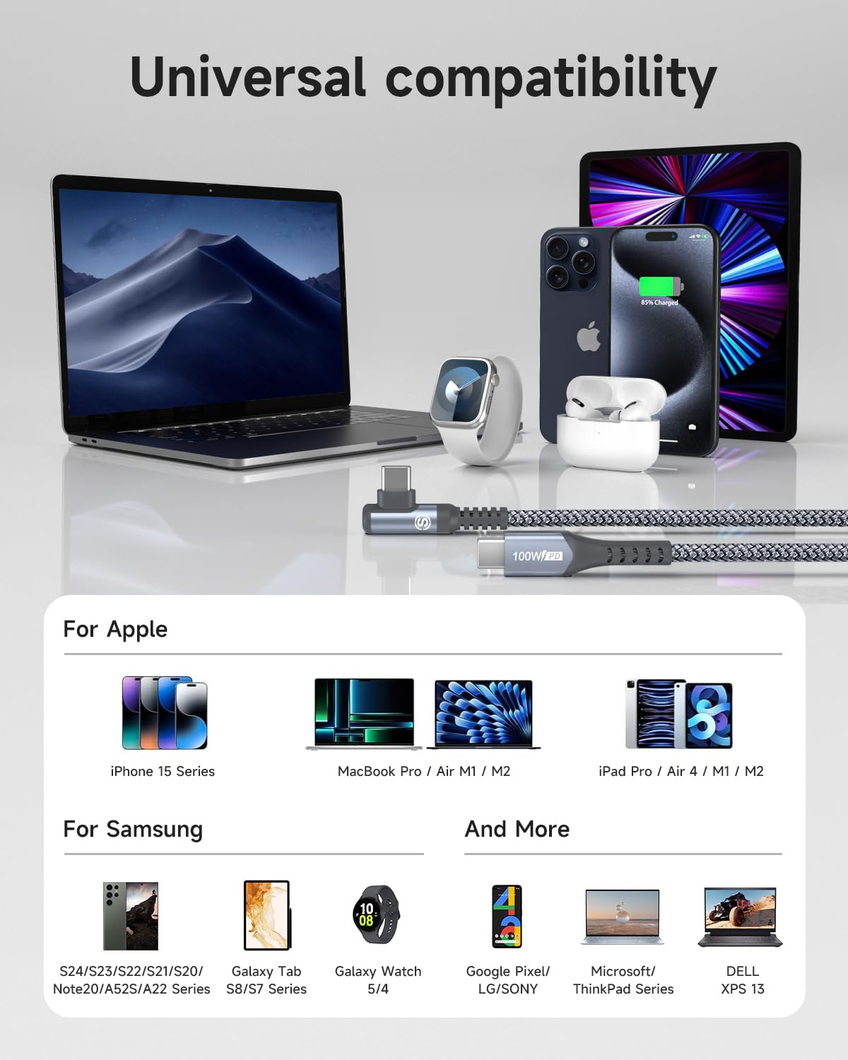 Cable USB-C a USB-C de 3.3 pies, PD 100 W iPhone 15, cable de carga rápida de nailon trenzado de ángulo recto para iPhone 15 Plus15 Pro Max,
