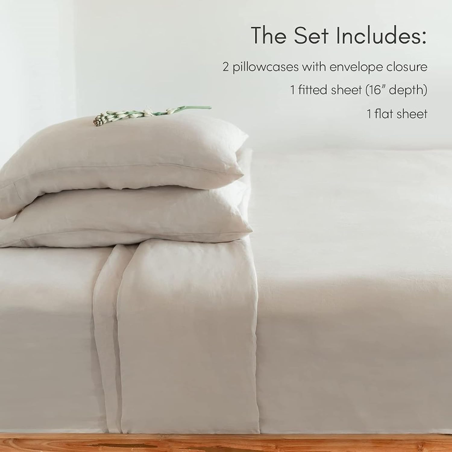 Baloo Pure French Linen Sheets  Juego de sábanas de avena (tamaño matrimonial)  Suave, premium, transpirable, fabricado con fibras naturales libres
