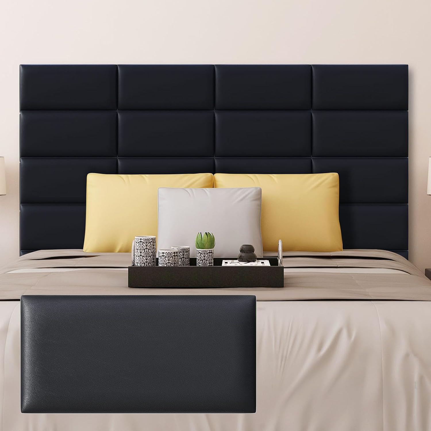 Paneles de pared tapizados para cabecero de color negro, paquete de 4 paneles de 7.8 x 15.7 pulgadas, panel de pared 3D anticolisión, panel de pared