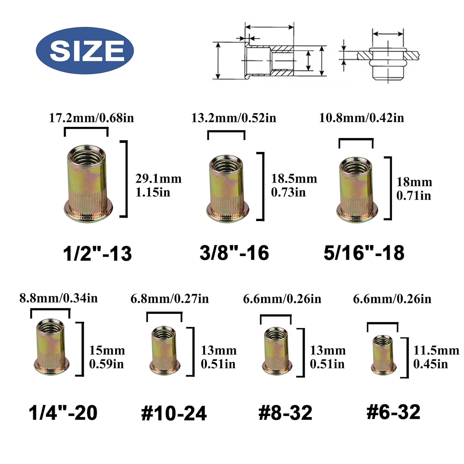 TR TOOLROCK Kit de 500 tuercas remachadoras, SAE UNC Surtido de tuercas remachadoras 6#-32, 8#-32, 10#-24, 14″-20, 516″-18, 38″-16, 12″-13, acabado