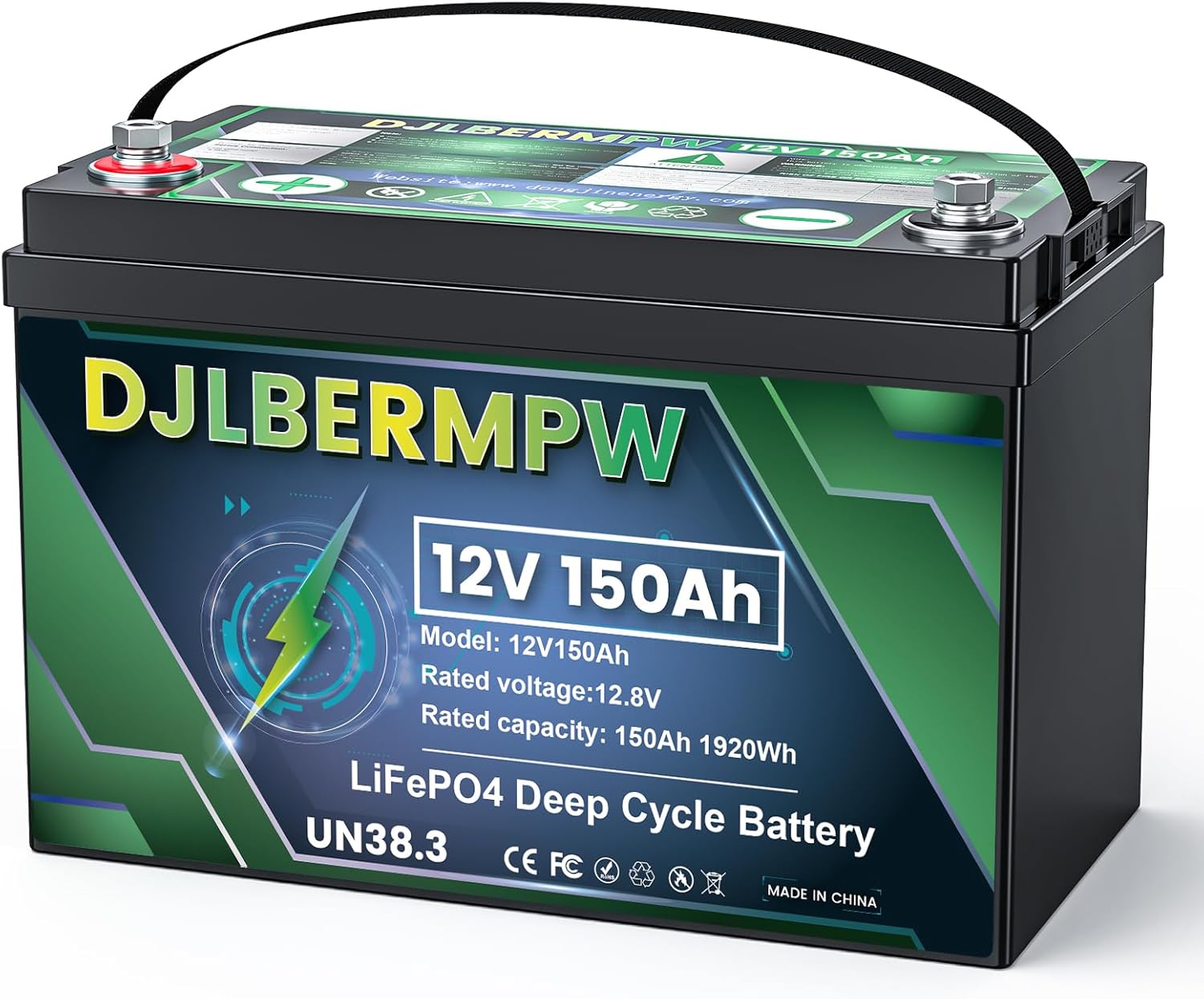 DJLBERMPW Batería de litio LiFePO4 de 12 V 150 Ah 1920 W BMS integrado, hasta 15000 ciclos y 10 años de vida útil, batería de ciclo profundo para