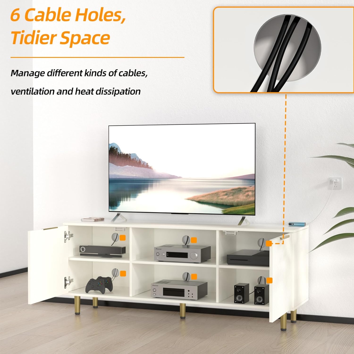 Soporte de TV para TV de más de 65 pulgadas, consola de TV moderna para sala de estar, dormitorio, centro de entretenimiento de madera con armarios