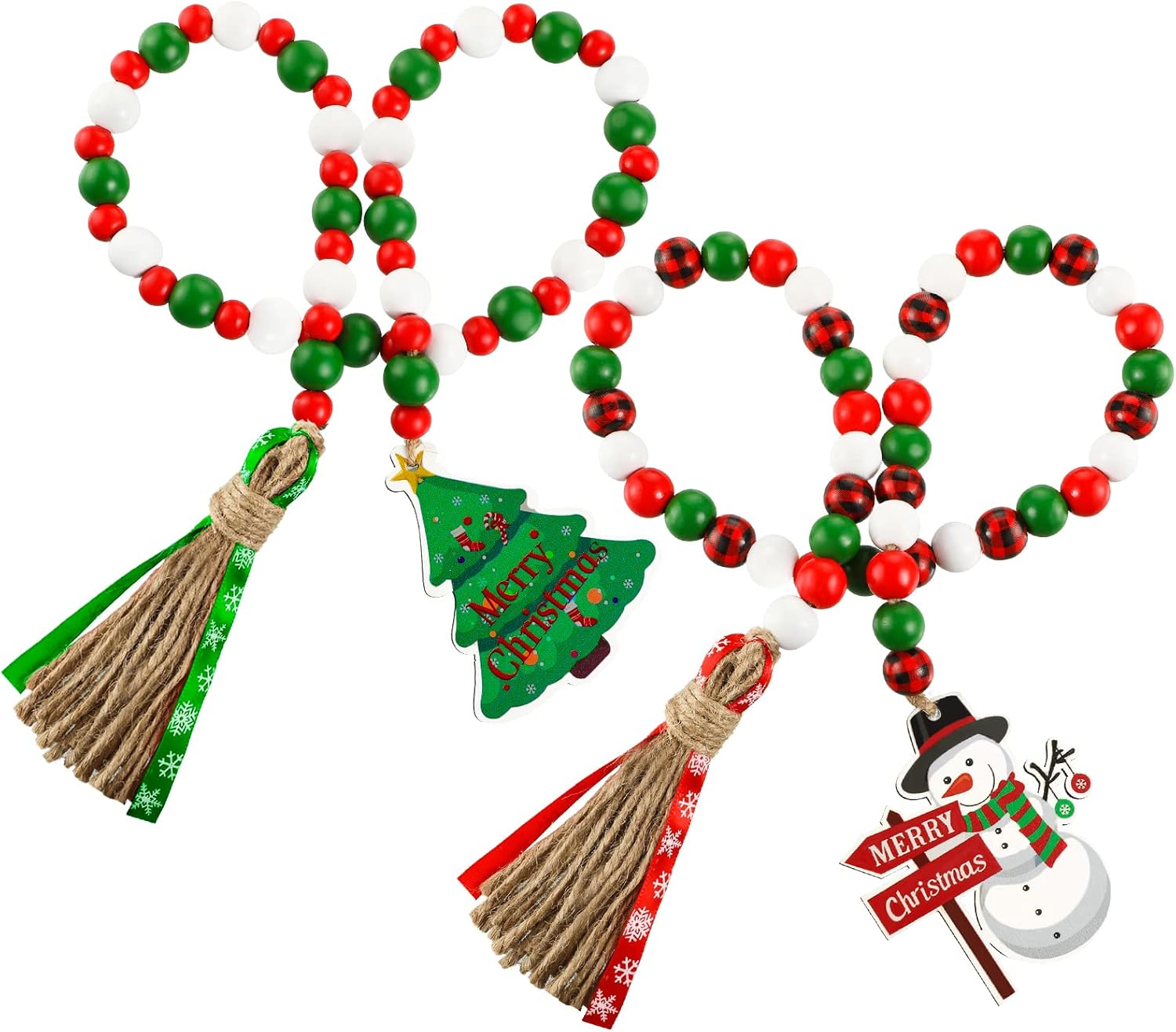 Guirnalda de cuentas de madera de Navidad con borlas, decorada con adorno para árbol de Navidad, 2 piezas de guirnalda de cuentas de madera, adornos