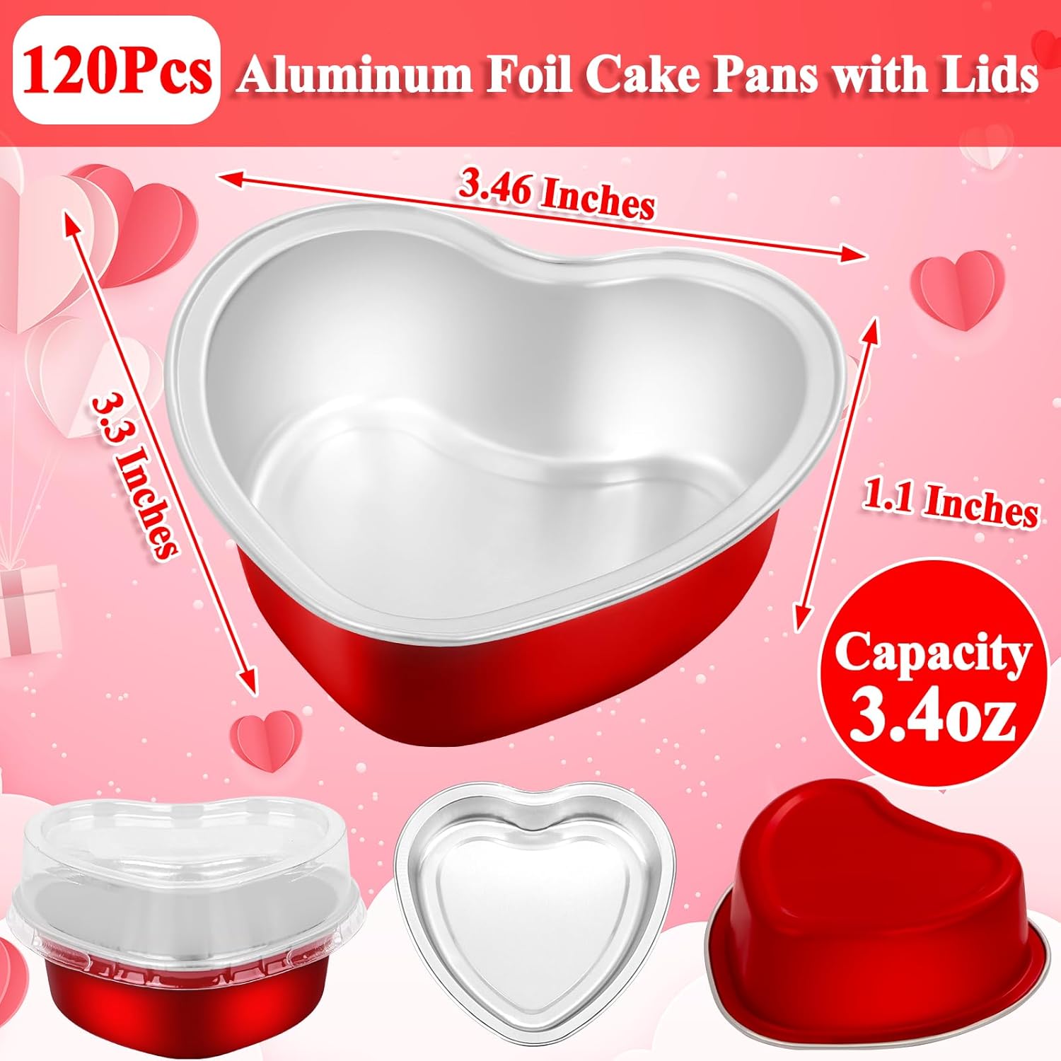 Modacraft Paquete de 120 moldes para pasteles en forma de corazón con tapas, papel de aluminio desechable de 3.4 onzas, moldes para magdalenas,