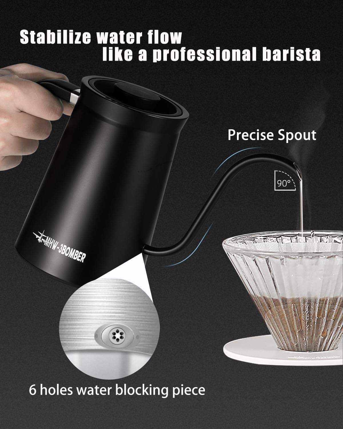 MHW-3BOMBER Hervidor eléctrico de cuello de cisne, hervidor de café profesional, tetera con control preciso de temperatura, pantalla LED, apagado