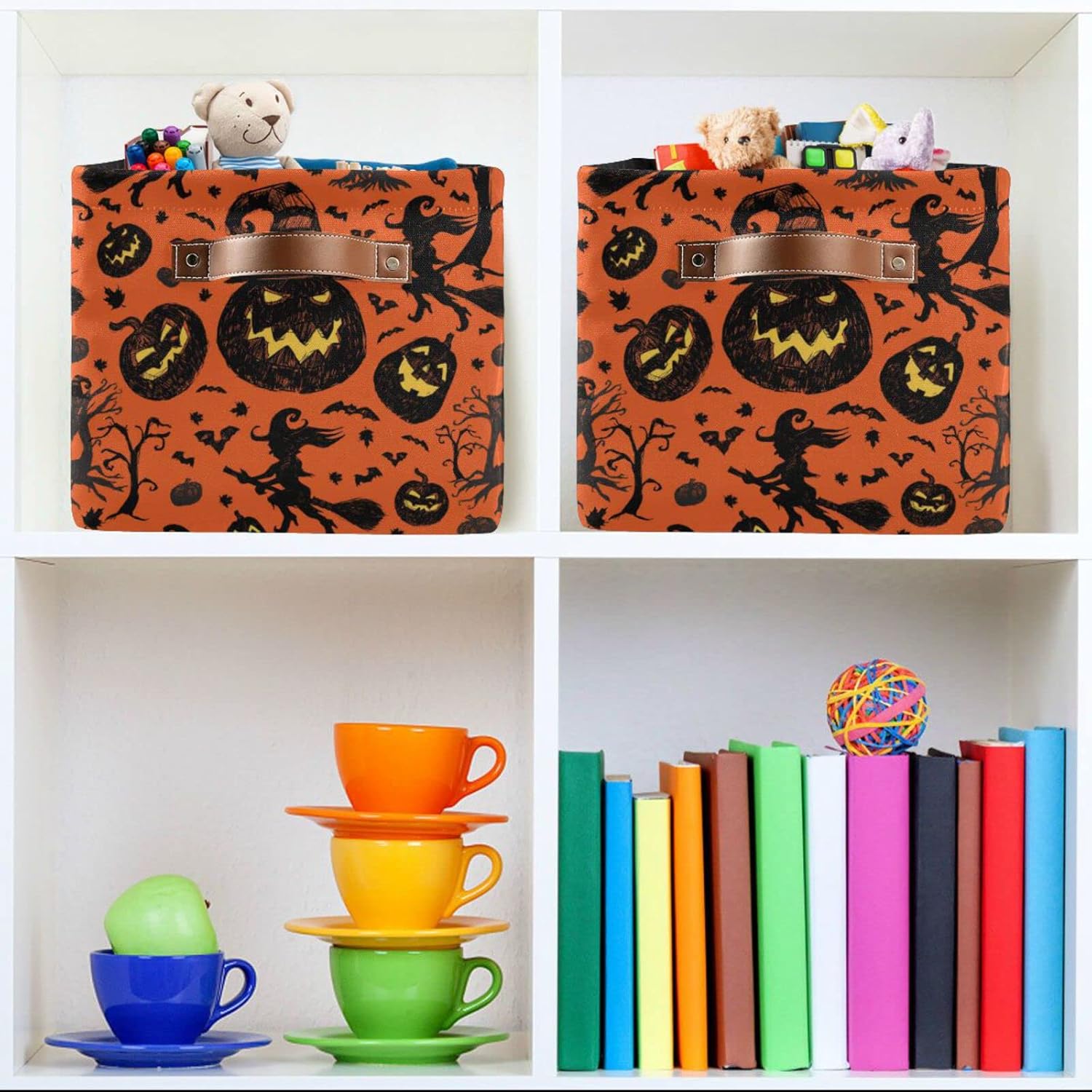 Wusikd Cesta de almacenamiento de Halloween naranja y negra, juego de 1 canasta grande de tela de calabaza y bruja, cubo con asas, plegable, estante