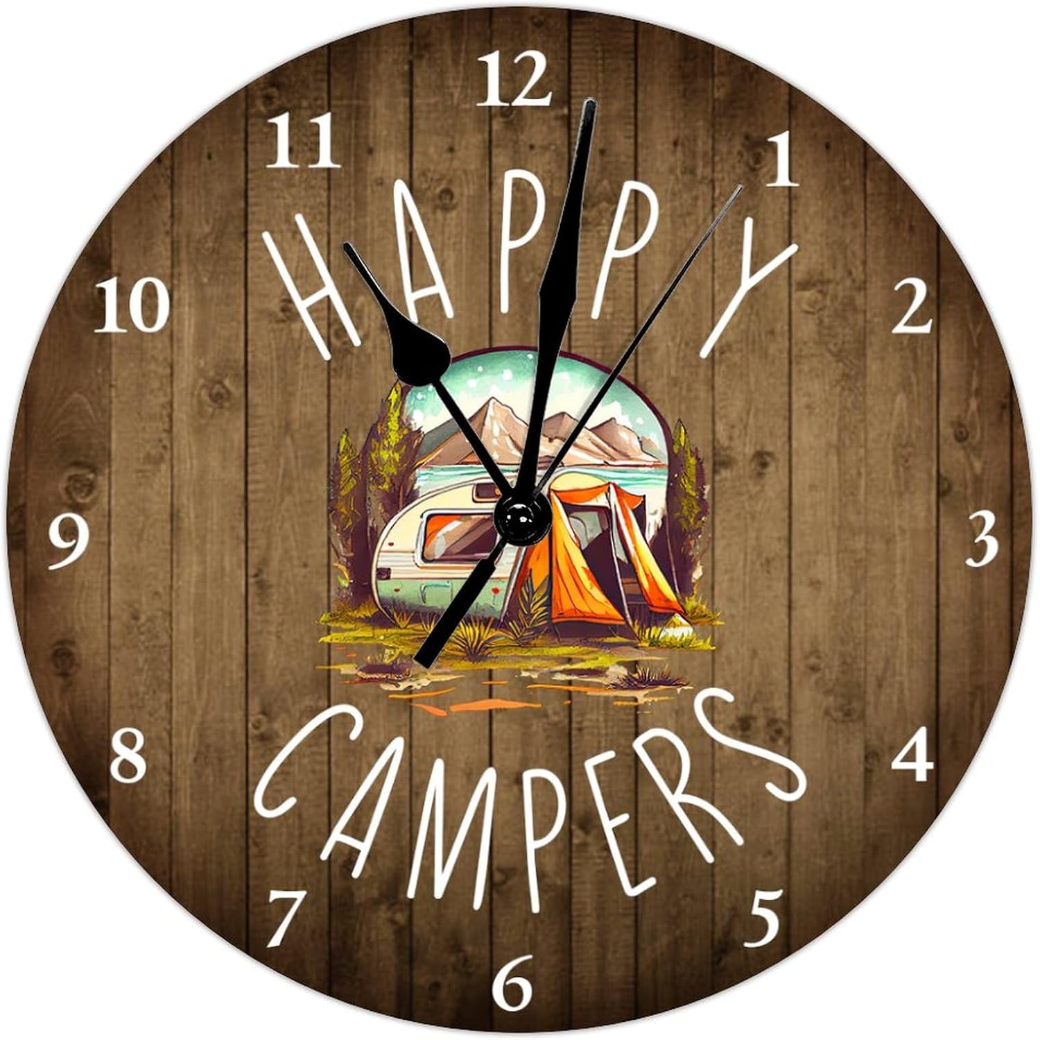 Reloj de PVC de 10 pulgadas silencioso sin tictac Happy Camper sin marco, con temática de camping, funciona con pilas, moderno reloj colgante