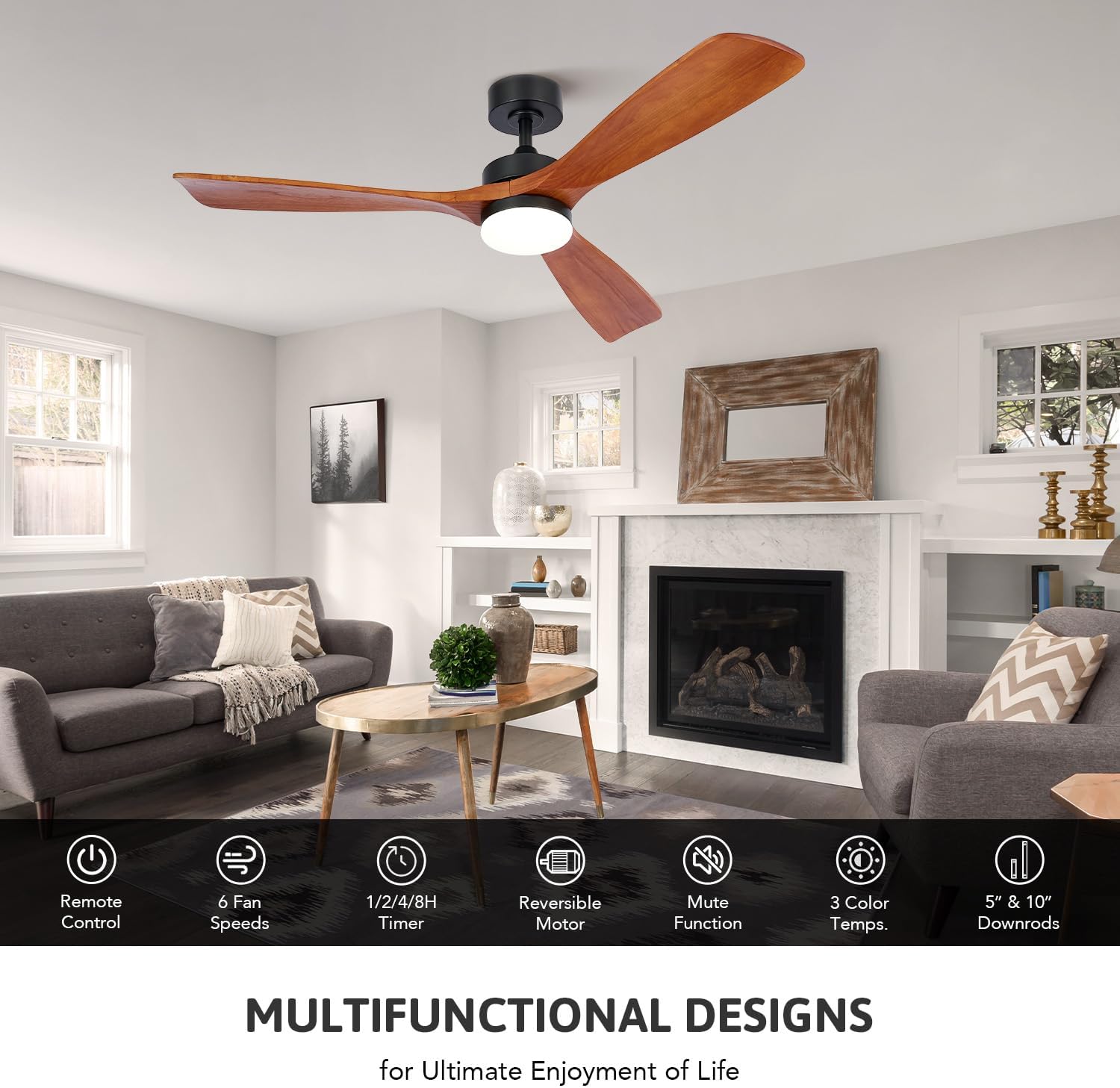VONLUCE Ventiladores de techo con luces, ventilador de techo para exteriores de 52 pulgadas con control remoto, motor de CC reversible de 6