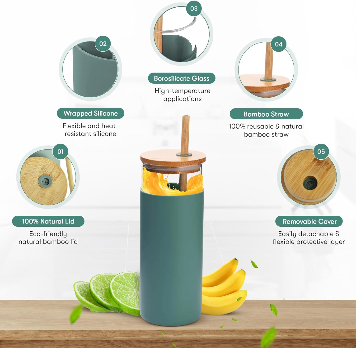 Vaso de vidrio, vaso de café helado con pajilla, vaso de vidrio con funda de silicona, tazas de vidrio de 20 onzas con tapas y pajitas de bambú,