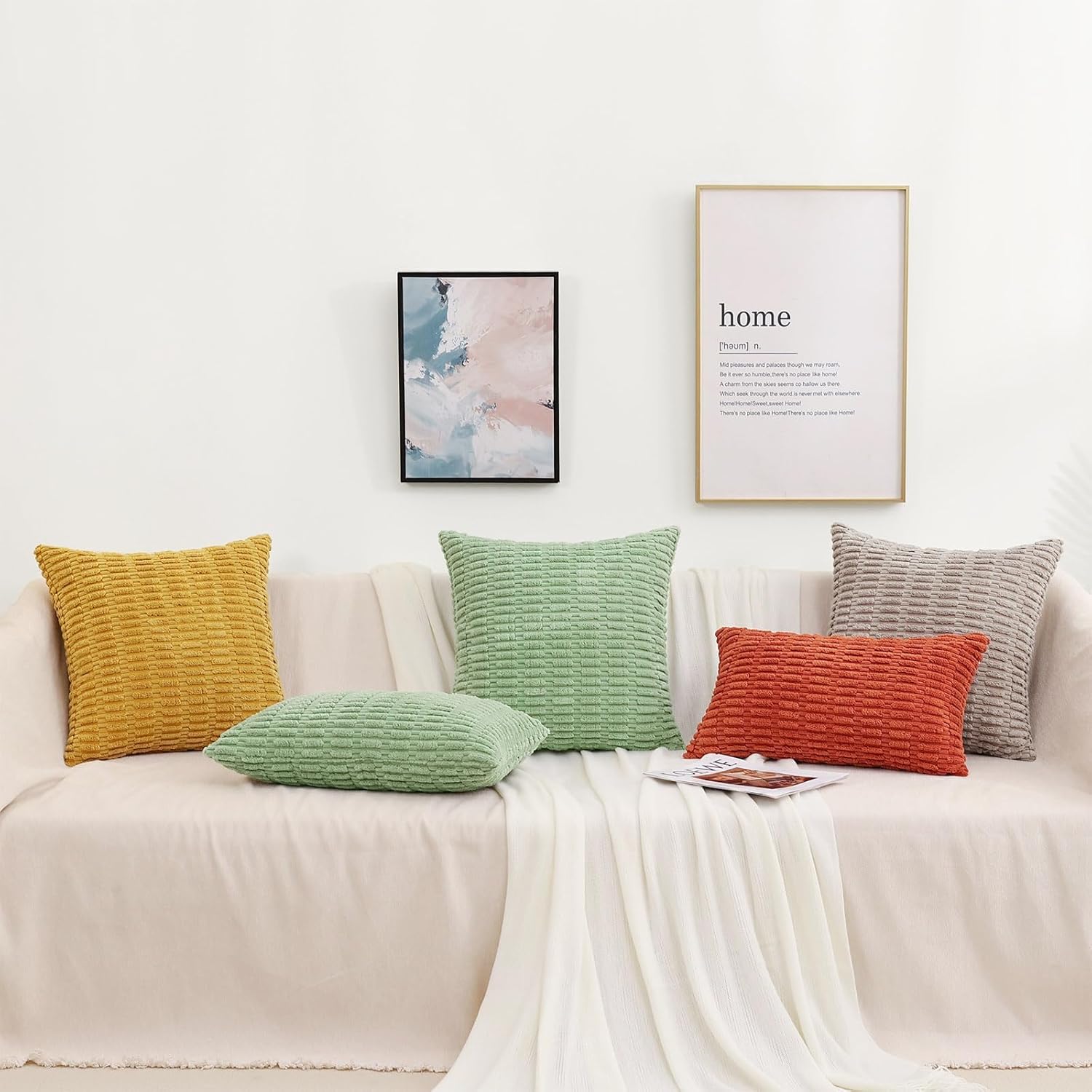 decorUhome Juego de 2 fundas de almohada decorativas de color blanco crema de 24 x 24 pulgadas, fundas de almohada cuadradas de pana suave a rayas