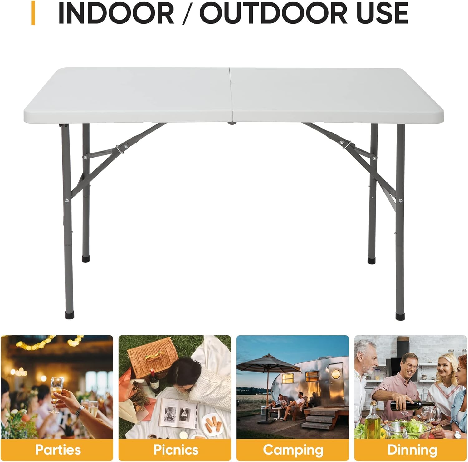 SUPER DEAL Mesa plegable portátil de plástico de 4 pies, para interiores y exteriores, resistente, plegable, por la mitad, para picnic, fiesta,