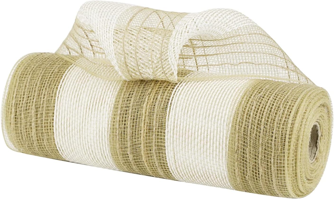 MEEDEE Cinta de malla de yute de 10 pulgadas, cinta de malla de yute natural y blanca de rayas anchas para otoño, Navidad, corona de arpillera,