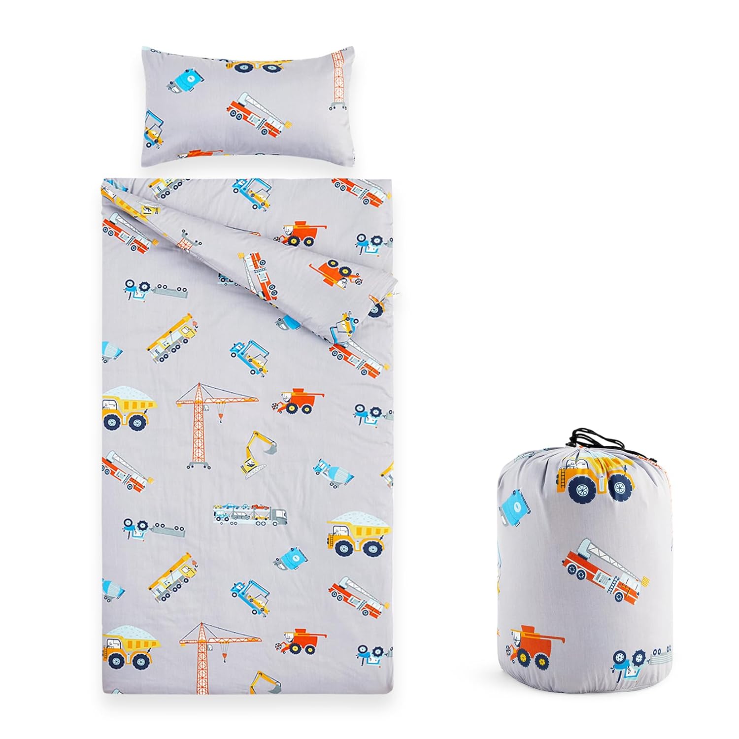 Wake In Cloud – Saco de dormir para niños pequeños, tela de algodón, portátil, compacta, ligera, con almohada y manta, para niños, coches, grúas,