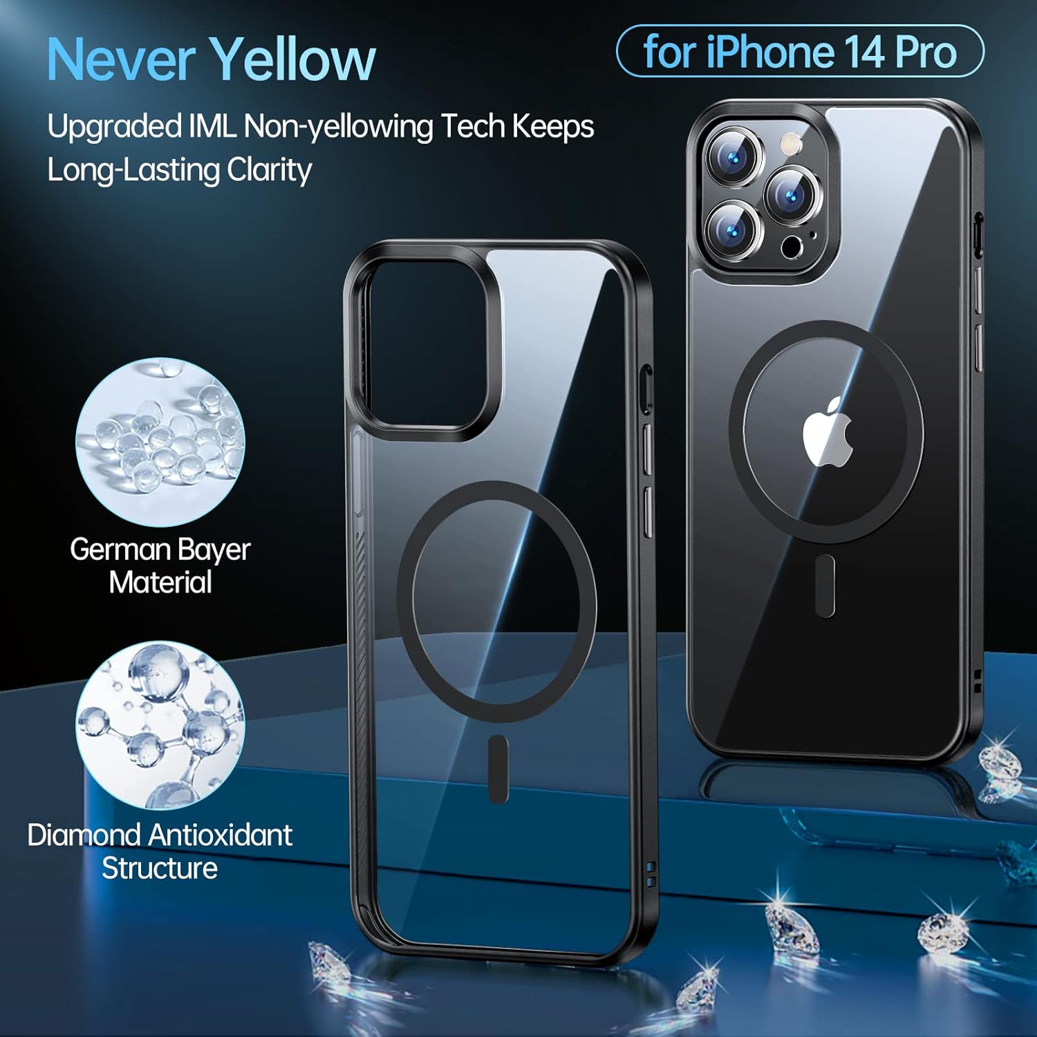 Funda magnética delgada transparente para iPhone 14 Pro no amarillea Protección de grado militar Imanes fuertes número 1 JUESHITUO compatible con