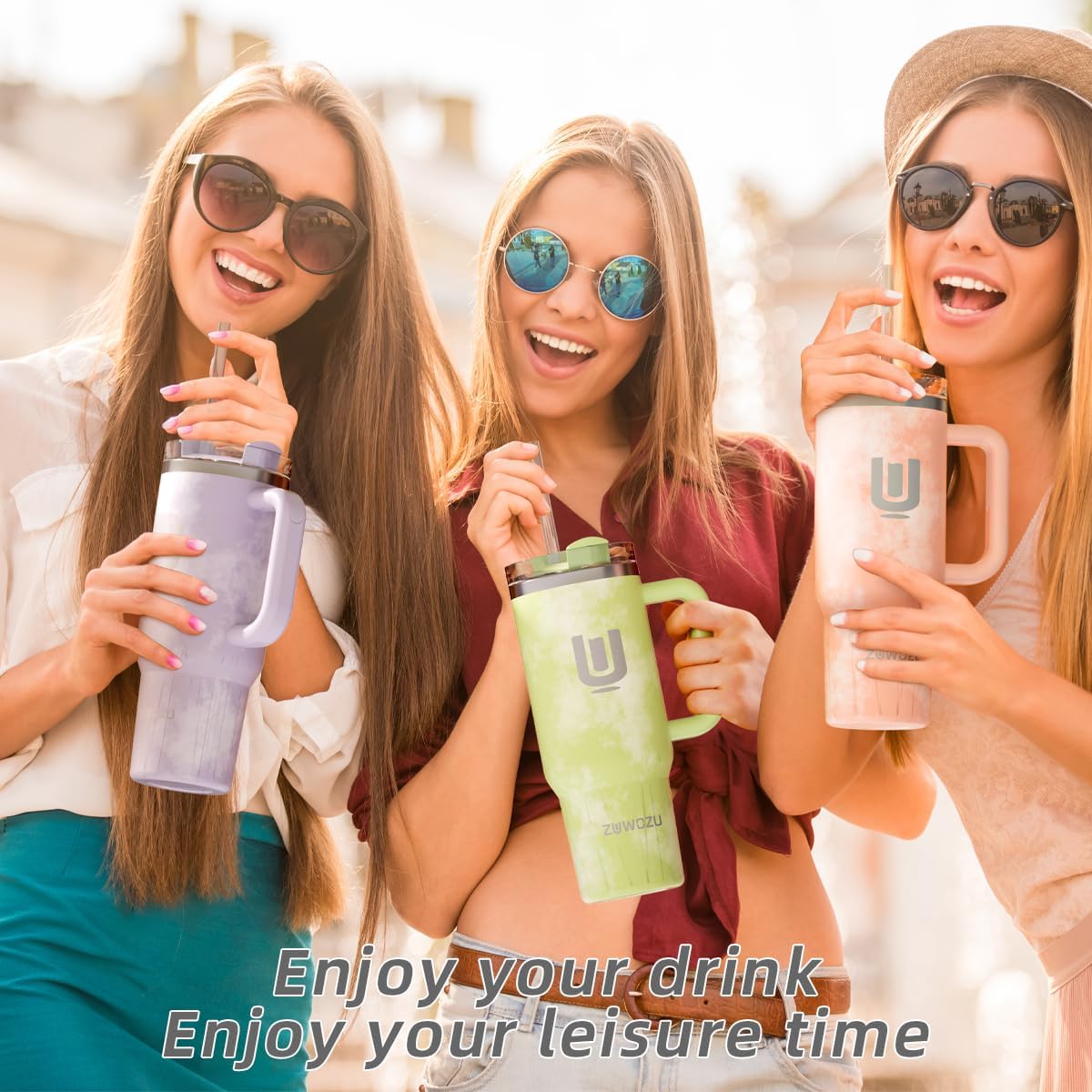 ZUWOZU Vaso de acero inoxidable con aislamiento al vacío con tapa y pajilla, de 40 oz, con asa y pajilla, 2 tapas, taza de viaje para café helado,