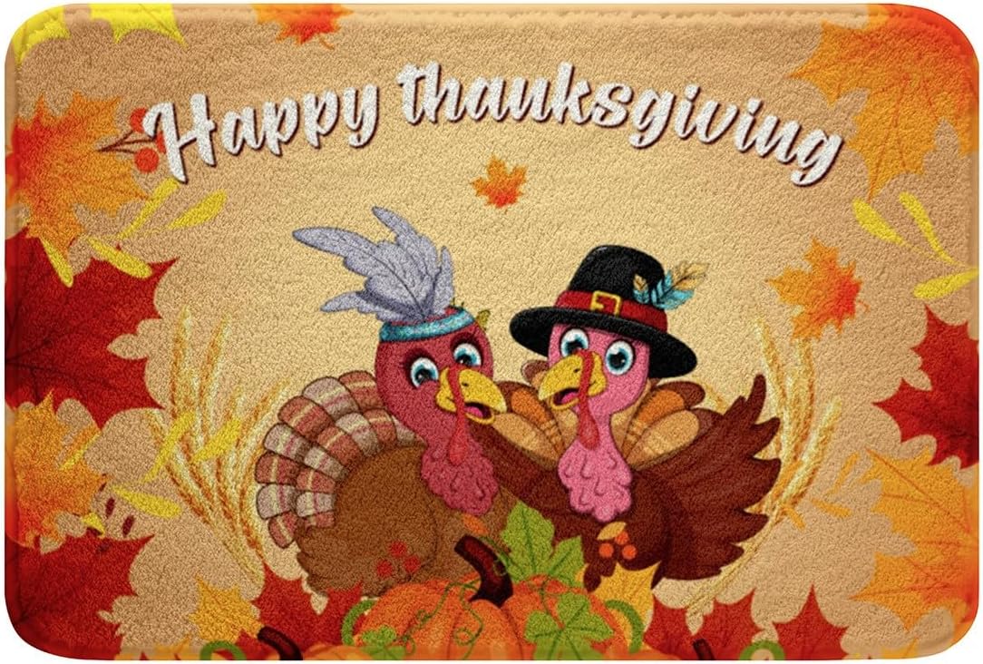 Thanksgiving Bath Mat for, Turkey Pumpkin Maple Leaves Rugs, Fall Harvest Theme Bath Carpets, Non Slip Plush, 32x20In