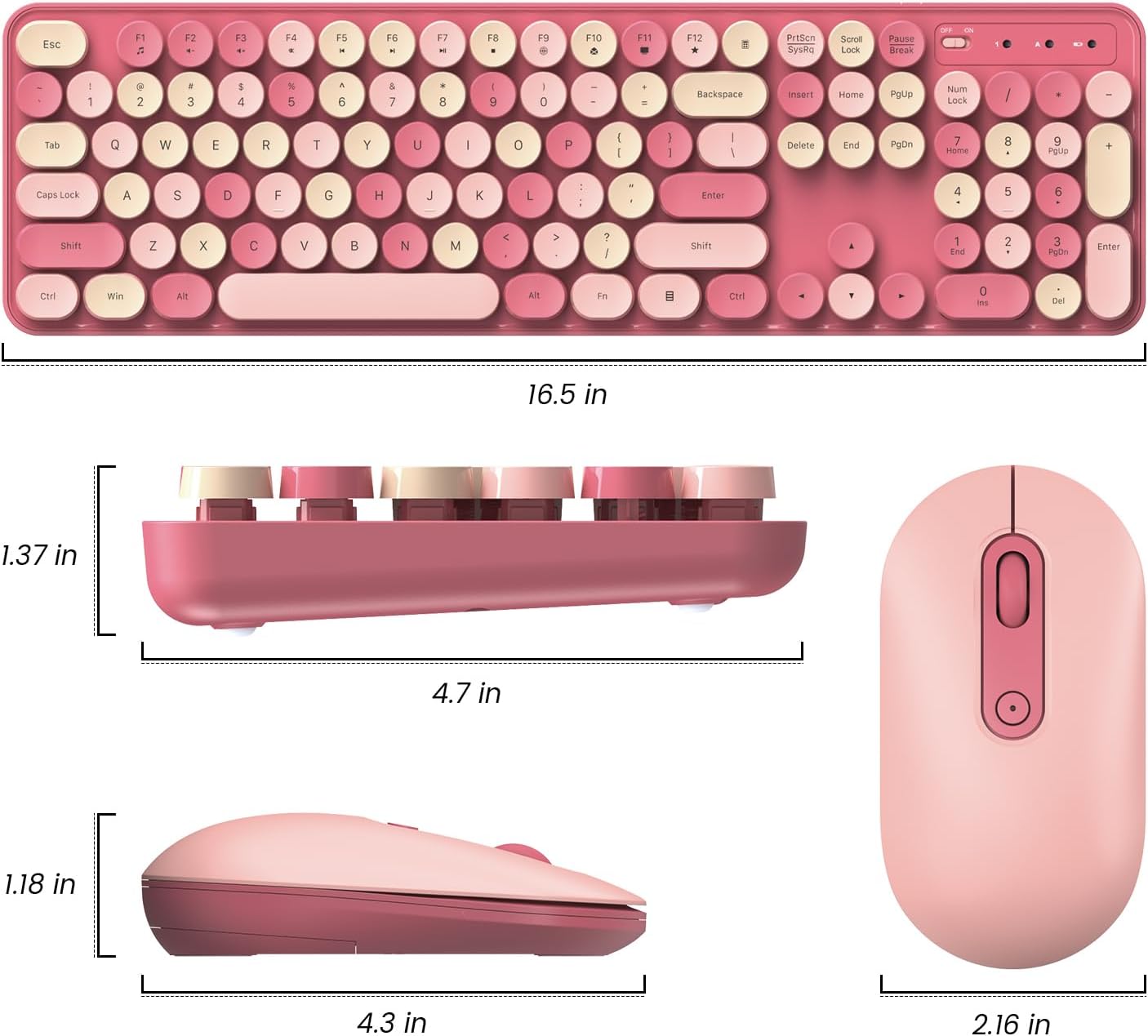 LIZRROT, Teclado y mouse inalámbricos, teclado silencioso, teclado colorido de tamaño completo con teclas redondas, bonito mouse de 2.4 G compatible