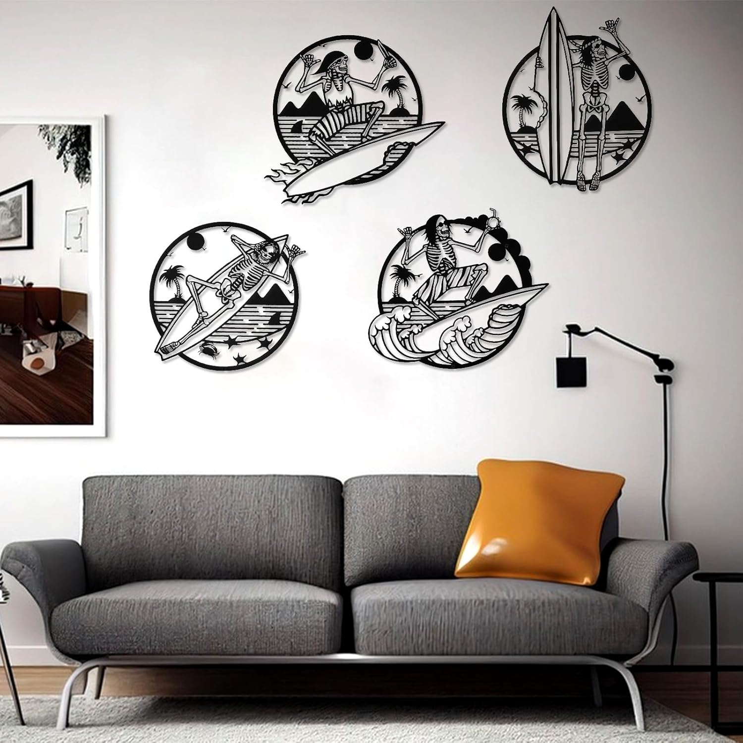 4 piezas de arte y decoración de pared de esqueleto, divertida decoración de pared de metal de calavera, decoración de pared de Halloween, arte de