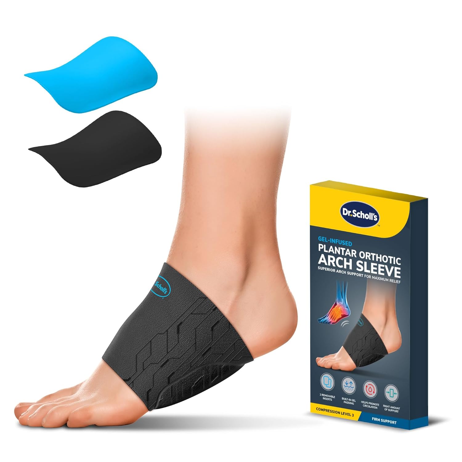 Dr. Scholl’s Mangas de compresión para arco con gel de masaje, tela transpirable, manga de soporte de arco para aliviar el dolor de pies, 2