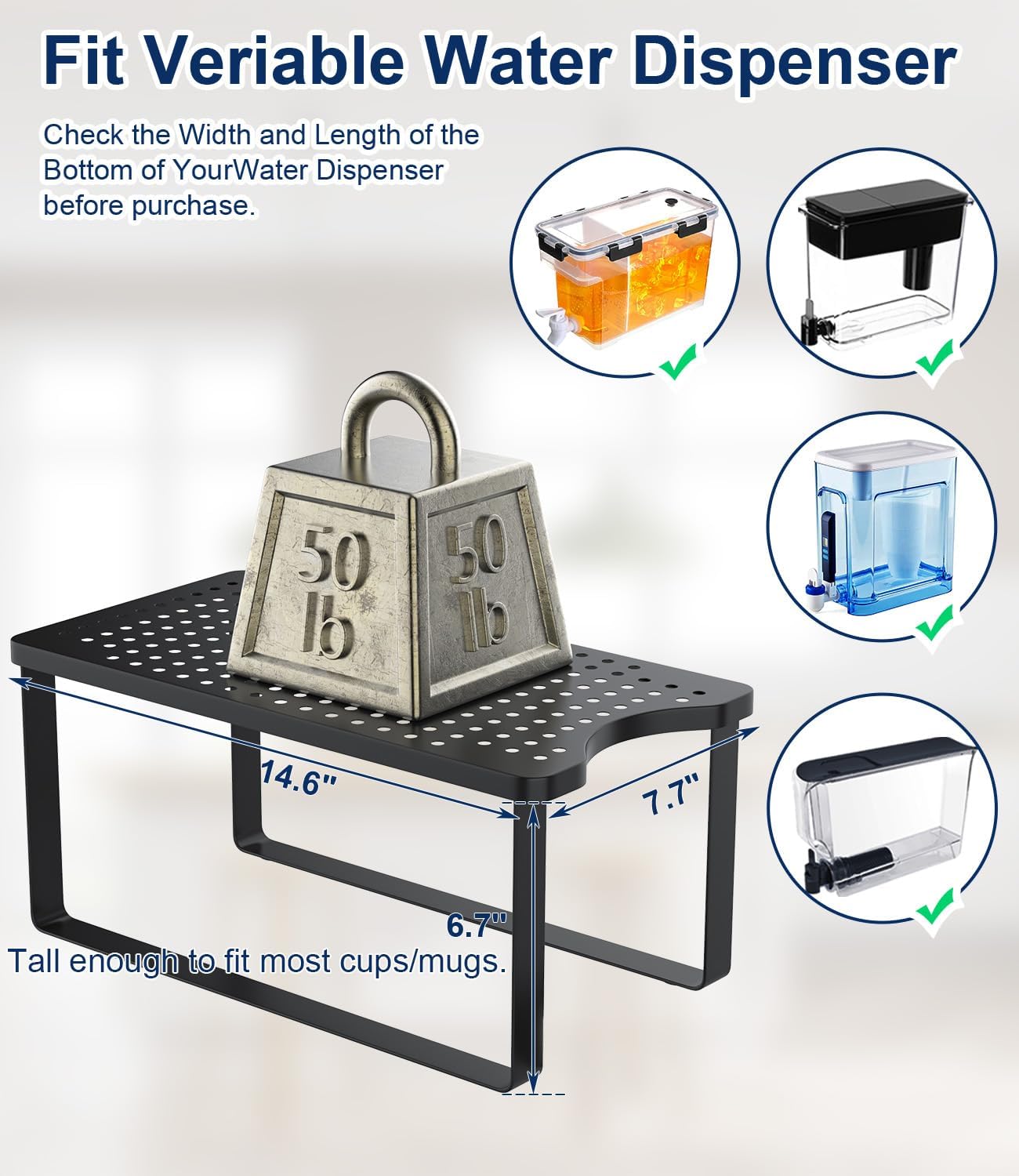 Soporte dispensador de filtro de agua 7.7 pulgadas de ancho x 14.6 pulgadas de profundidad x 6.7 pulgadas de alto, soporte de metal diseñado para