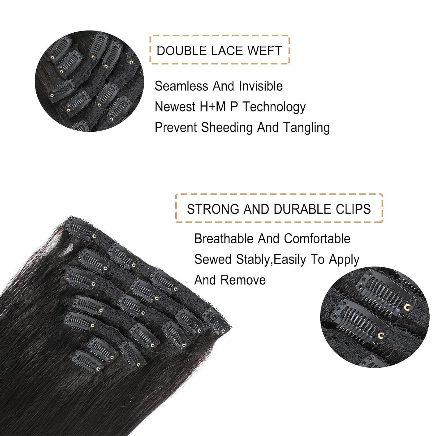 Extensiones de cabello humano lacio con clip, #1B, 3.53 oz, 7 unidades, extensiones de cabello humano real, color negro natural, para mujer (14