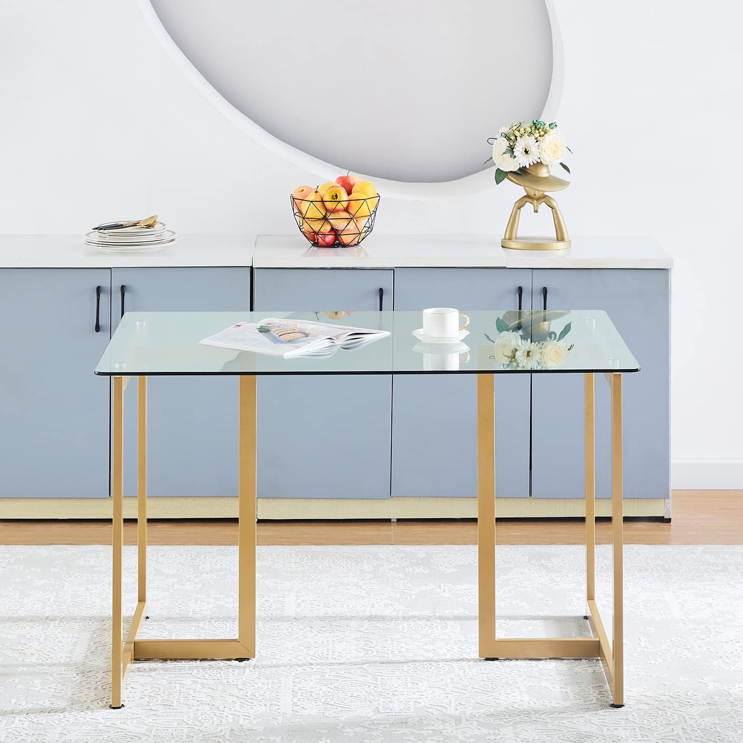 Mesa de comedor de cristal para 4 a 6 personas, mesa rectangular moderna de 47.2 pulgadas con parte superior de vidrio templado transparente y patas