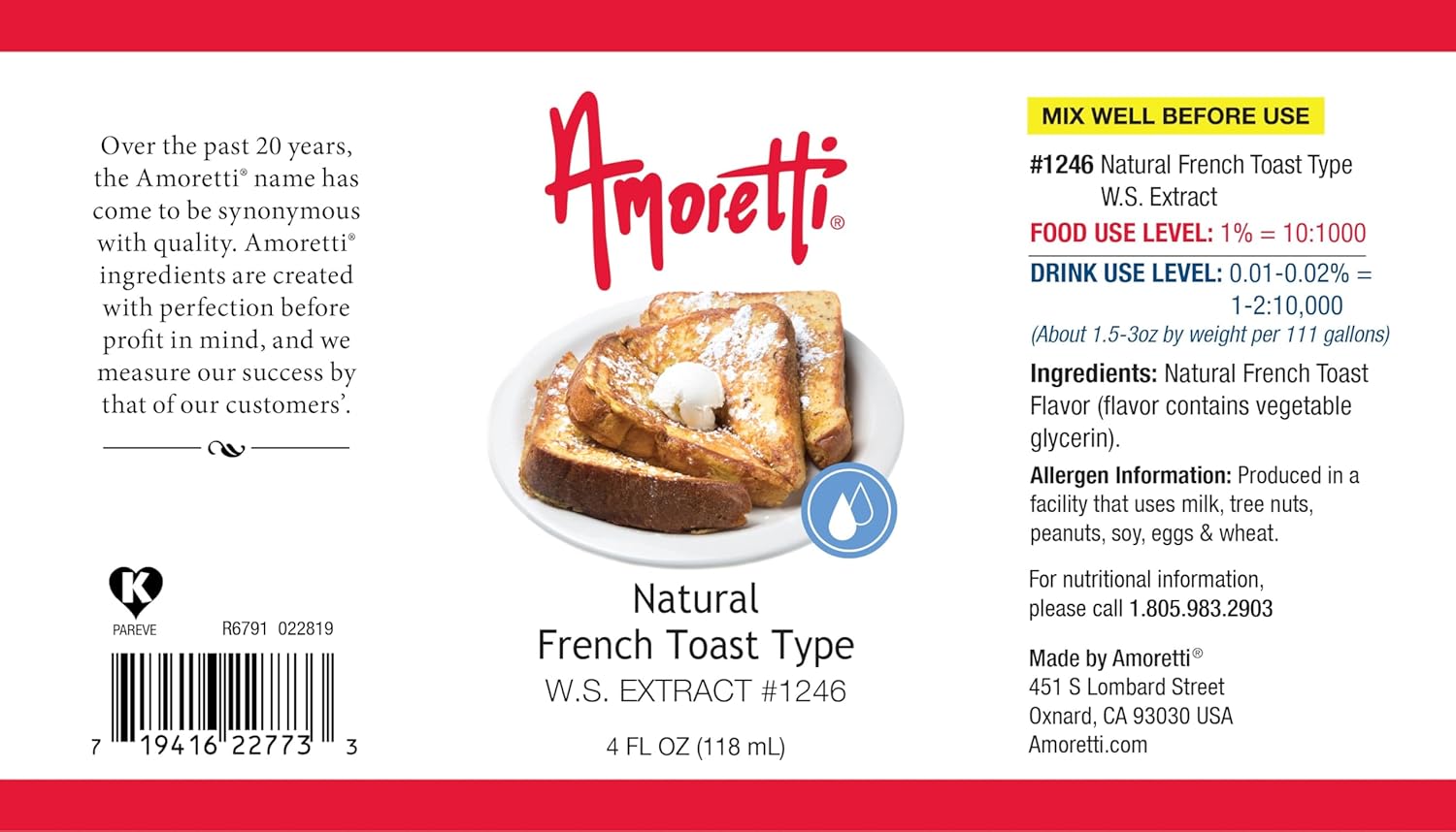 Amoretti – Extracto natural de tostadas francesas soluble en agua de 2 onzas – Altamente concentrado y perfecto para pasteles, salados, elaboración