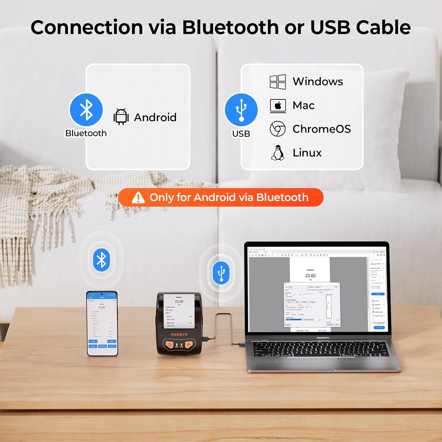 MUNBYN Impresora de recibos Bluetooth, impresora térmica portátil de recibos para pequeñas empresas, ventas minoristas, mini impresora de recibos de