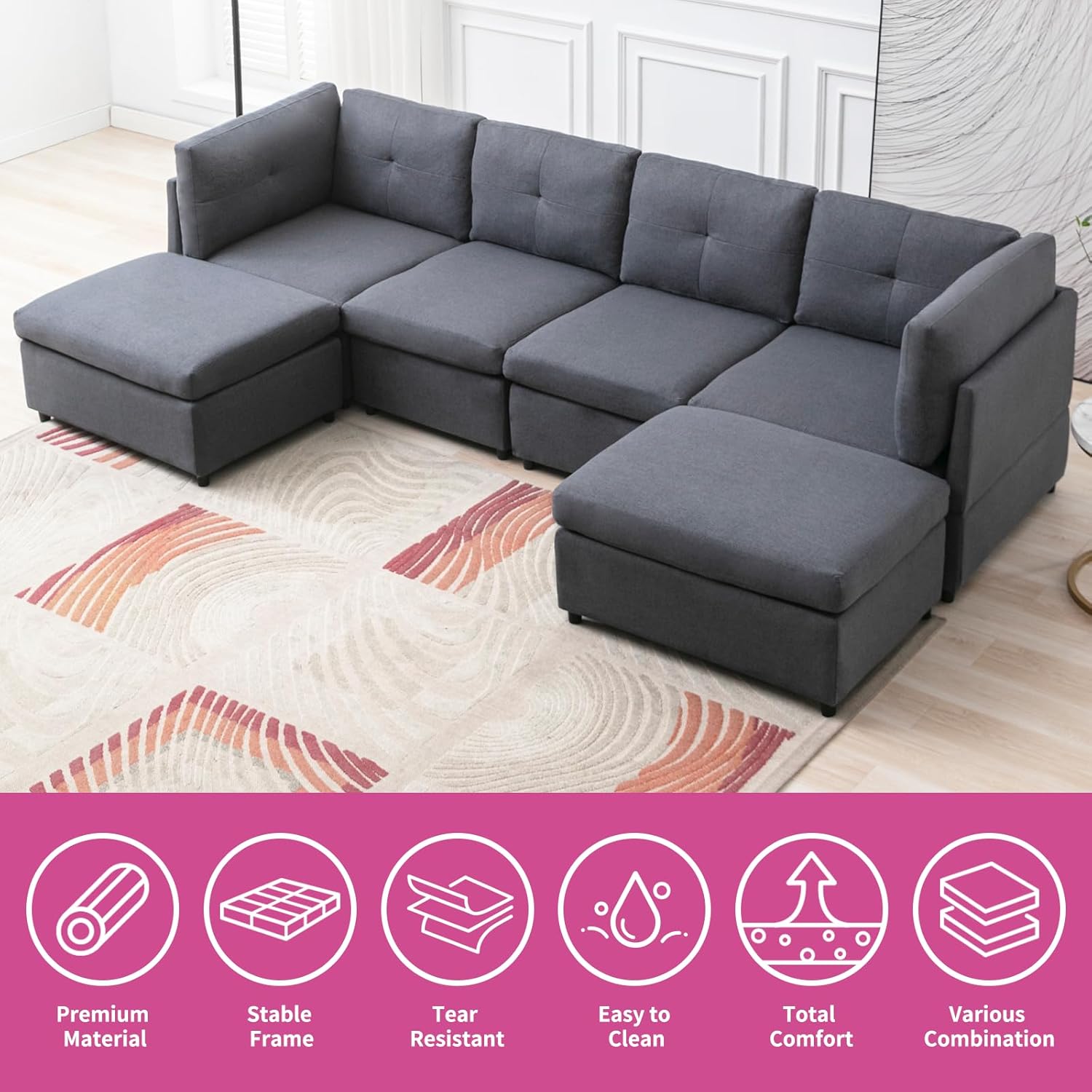 FRETSAE Sofá modular seccional, sofá convertible en forma de U con otomanas extraíbles, diseño capitoné, sofá modular de 6 asientos para sala de