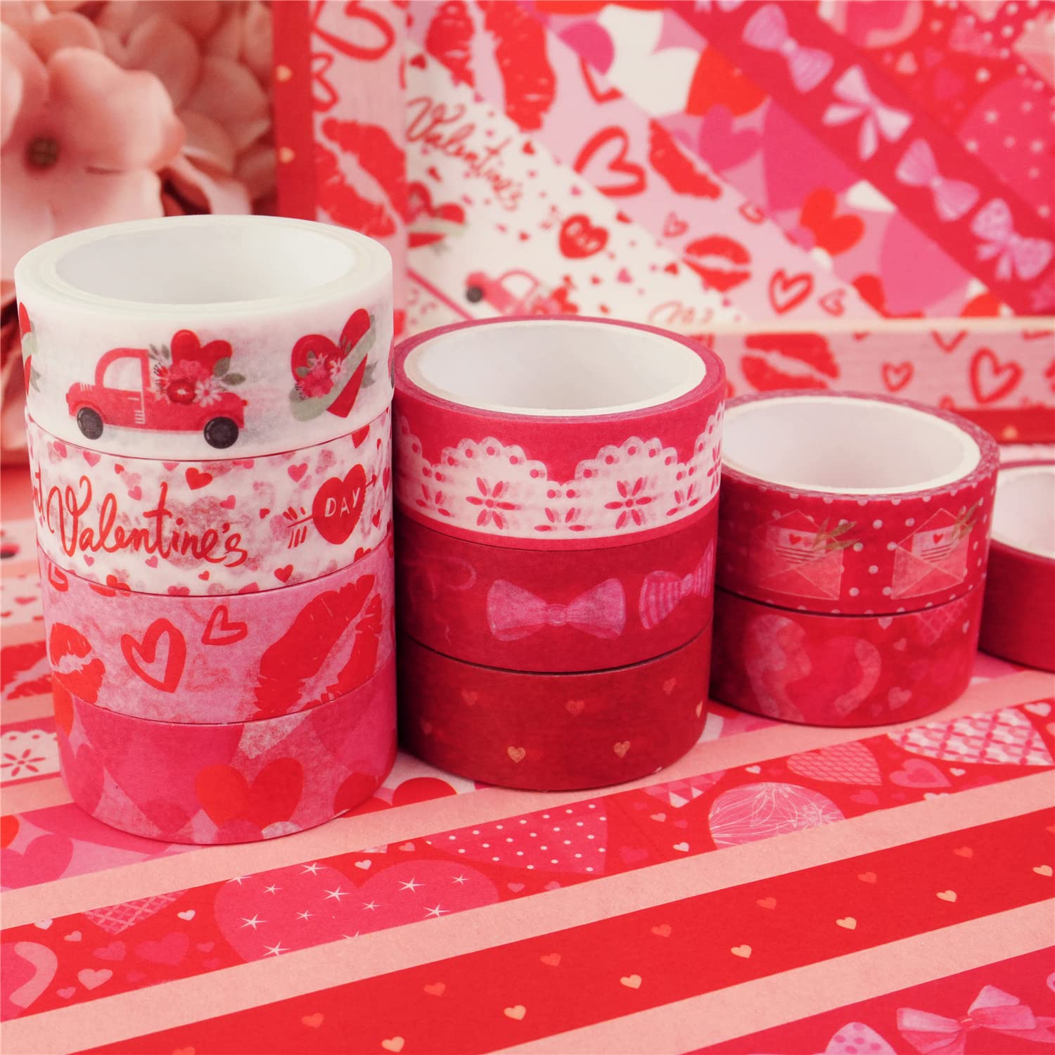 Zo.Yehaa 10 rollos de cinta adhesiva Washi para el día de San Valentín, boda, aniversario, rojo, cinta adhesiva decorativa para diario de viñetas,
