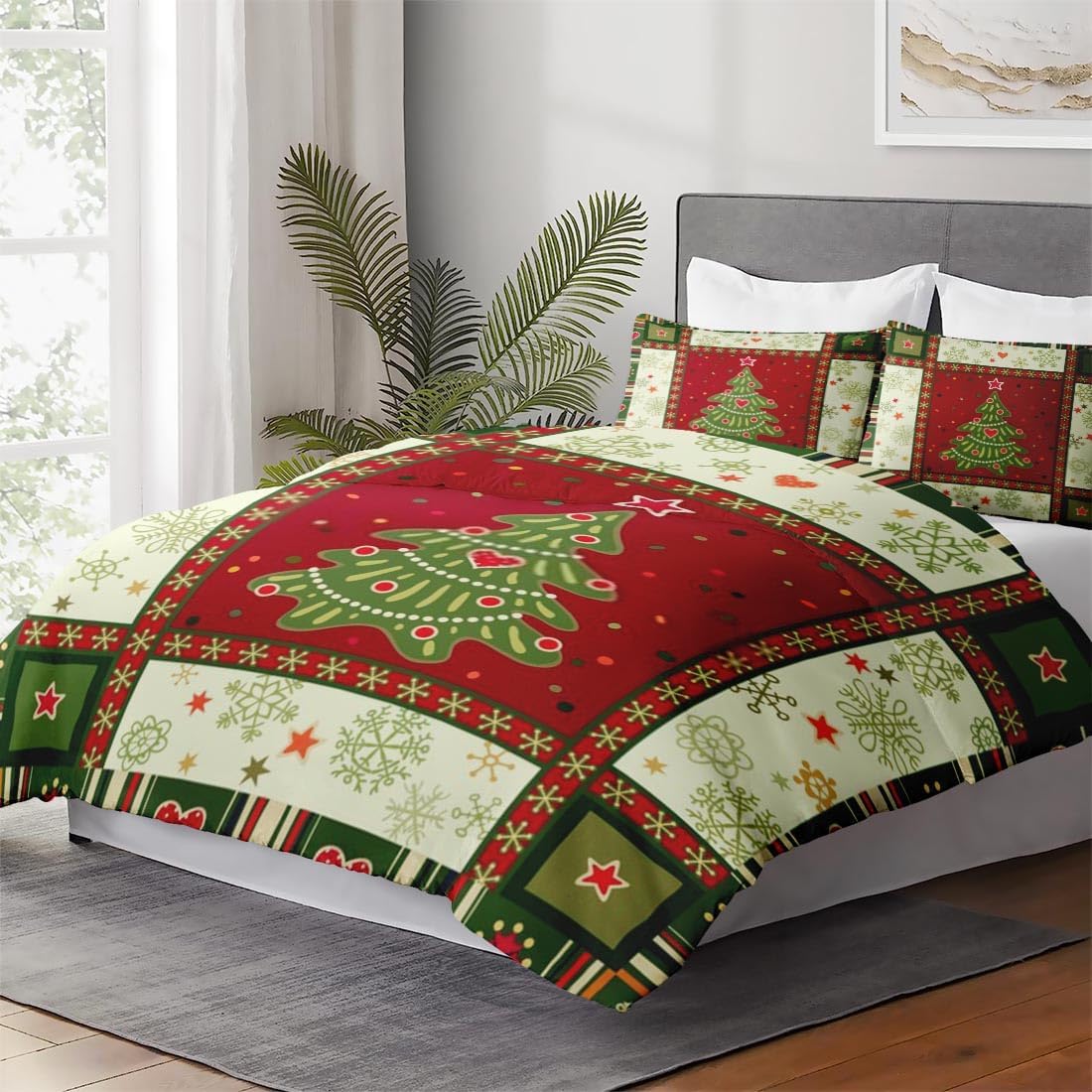 Juego de funda de edredón, copos de nieve de árbol de Navidad, juego de ropa de cama de Navidad para niños y adultos, decoración de dormitorio,
