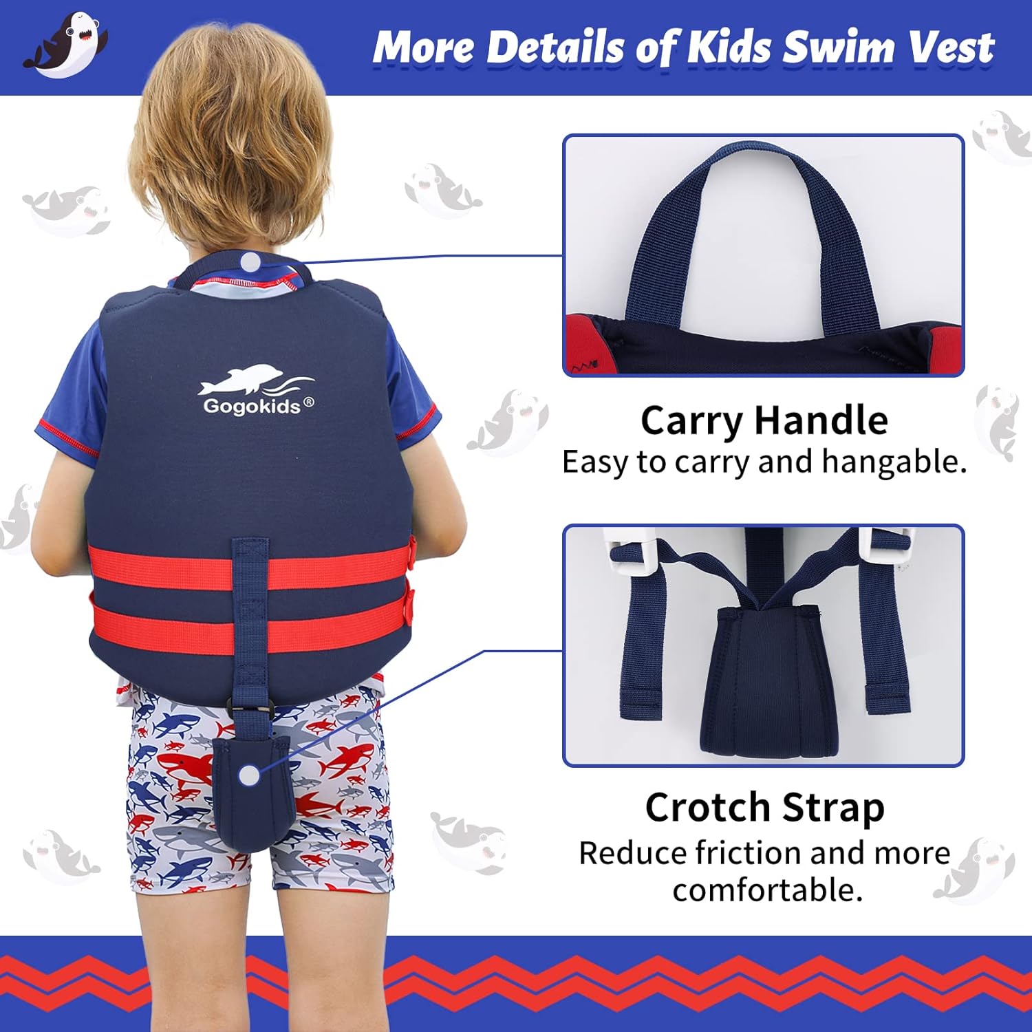 Gogokids Chaleco de natación para niños, flotadores para niños pequeños, para aprender a nadar, chaqueta flotante con correa de seguridad ajustable,