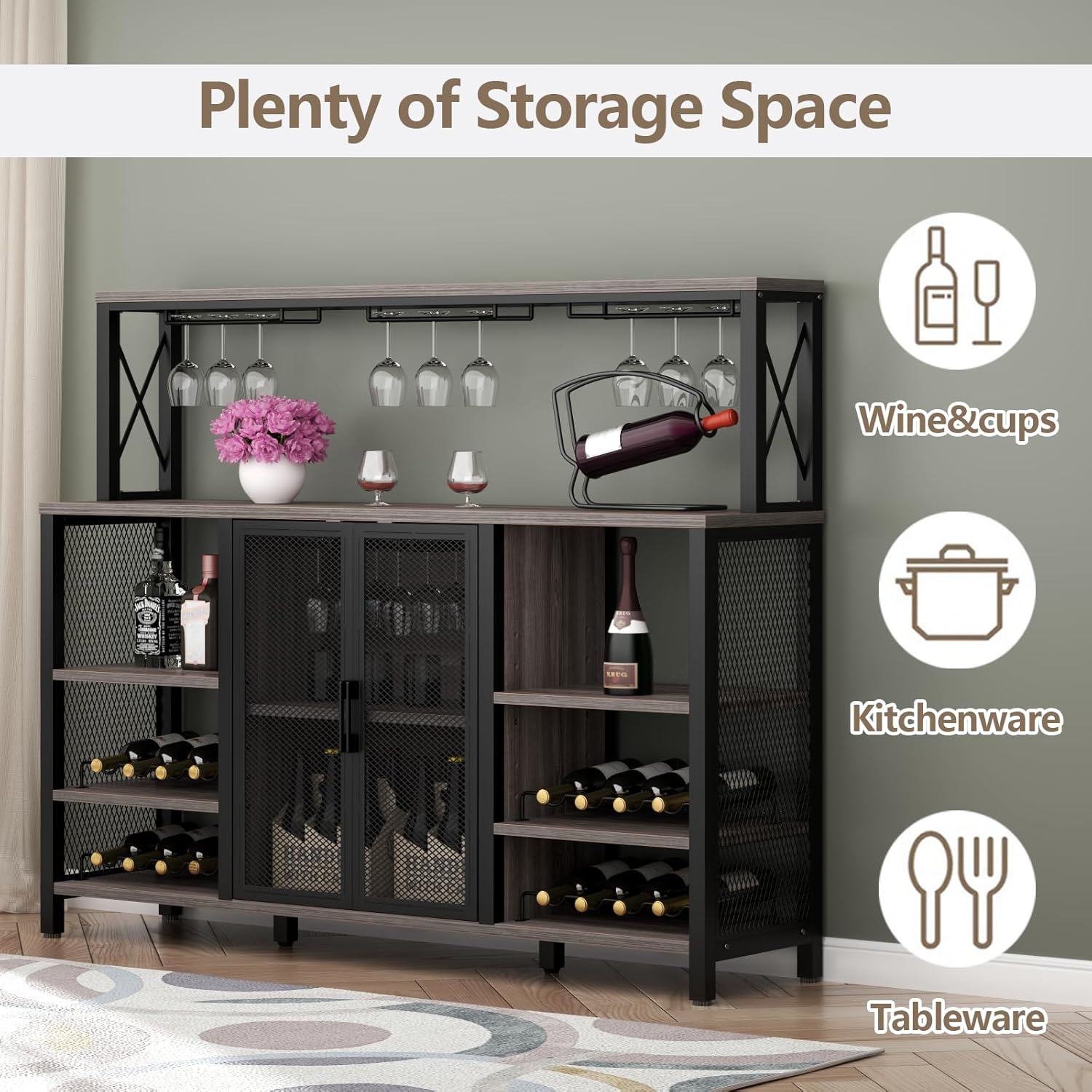 Gabinete de bar de vino, gabinete de barra de café industrial de 55 pulgadas con estante para vino y soporte para vasos, aparador de cocina con