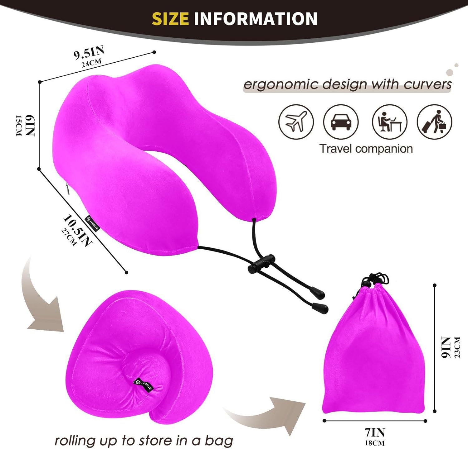UMIRIKO Almohada de viaje magenta para el cuello para cama de viaje de coche, almohada de espuma viscoelástica en forma de U para el cuello, color
