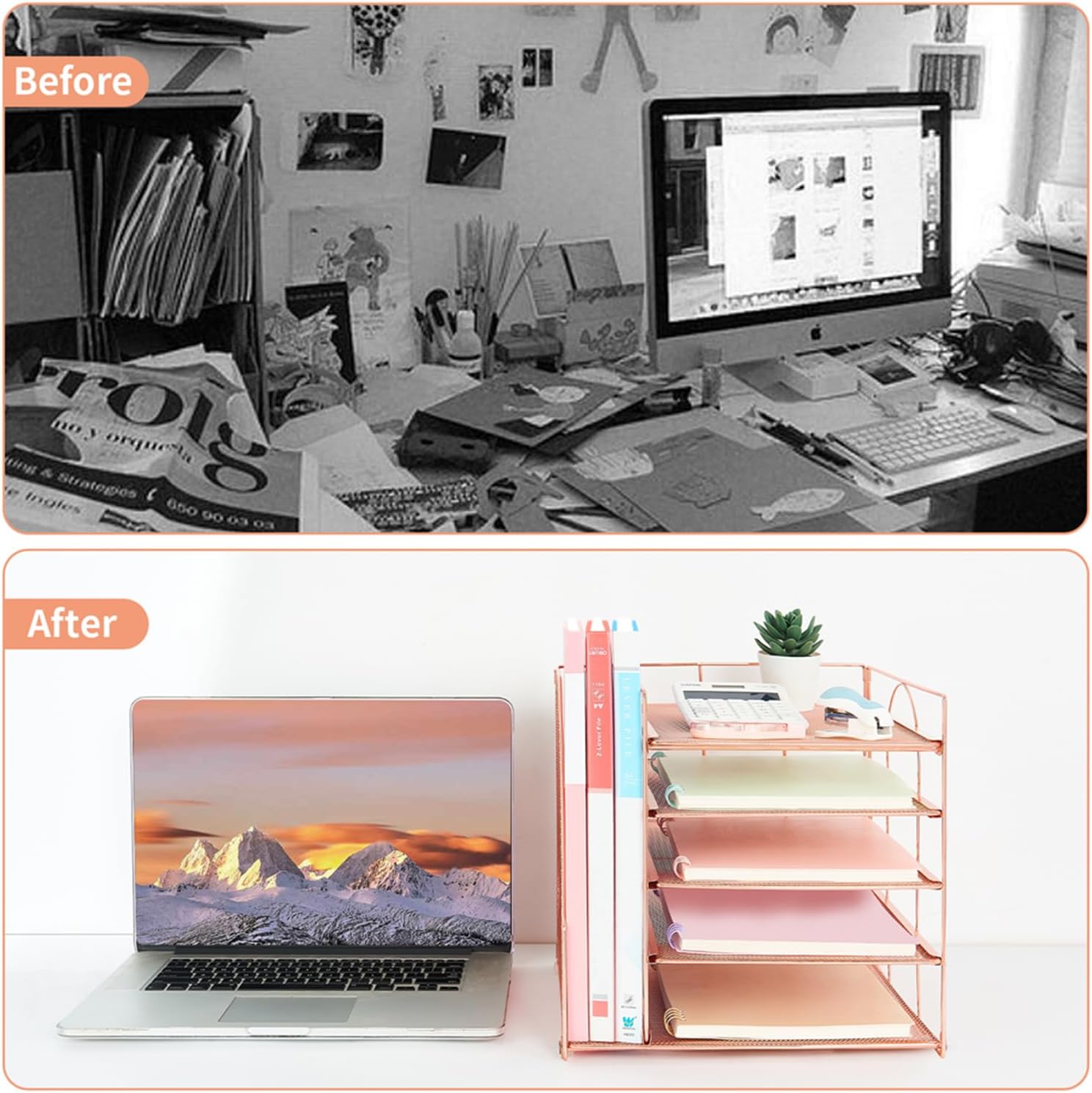LEKETREE Organizadores de escritorio y accesorios, organizador de bandeja de papel de 5 niveles con soporte para archivos, suministros de oficina