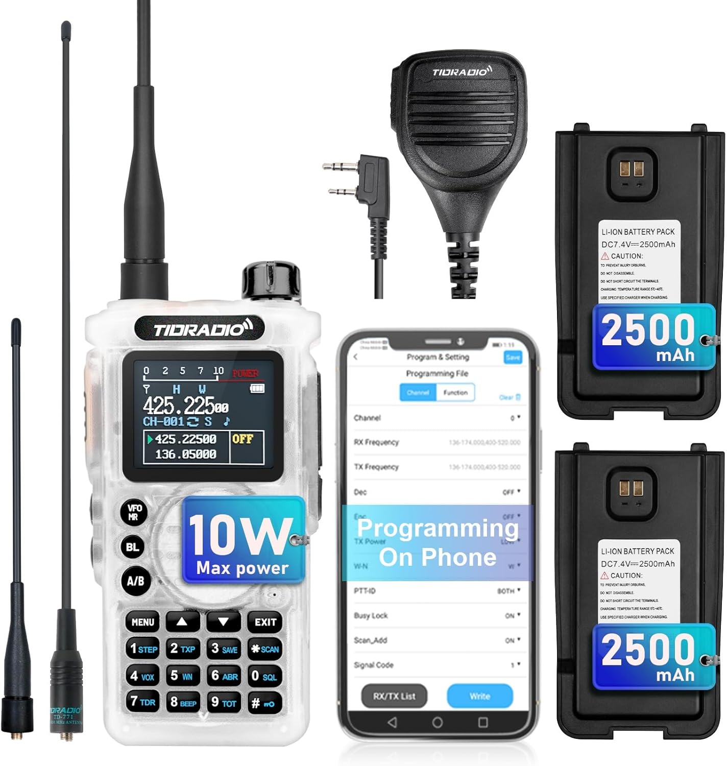 TIDRADIO TD-H8 – Radio jamón de alta potencia de 10 W programable, radio bidireccional de banda dual de largo alcance con batería grande de 2500 mAh