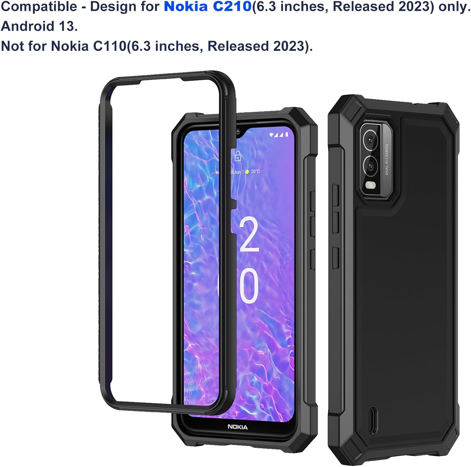 Ailiber Funda para Nokia C210, Nokia C210 con protector de pantalla de vidrio templado, protección de estructura de 2 capas, esquinas a prueba de