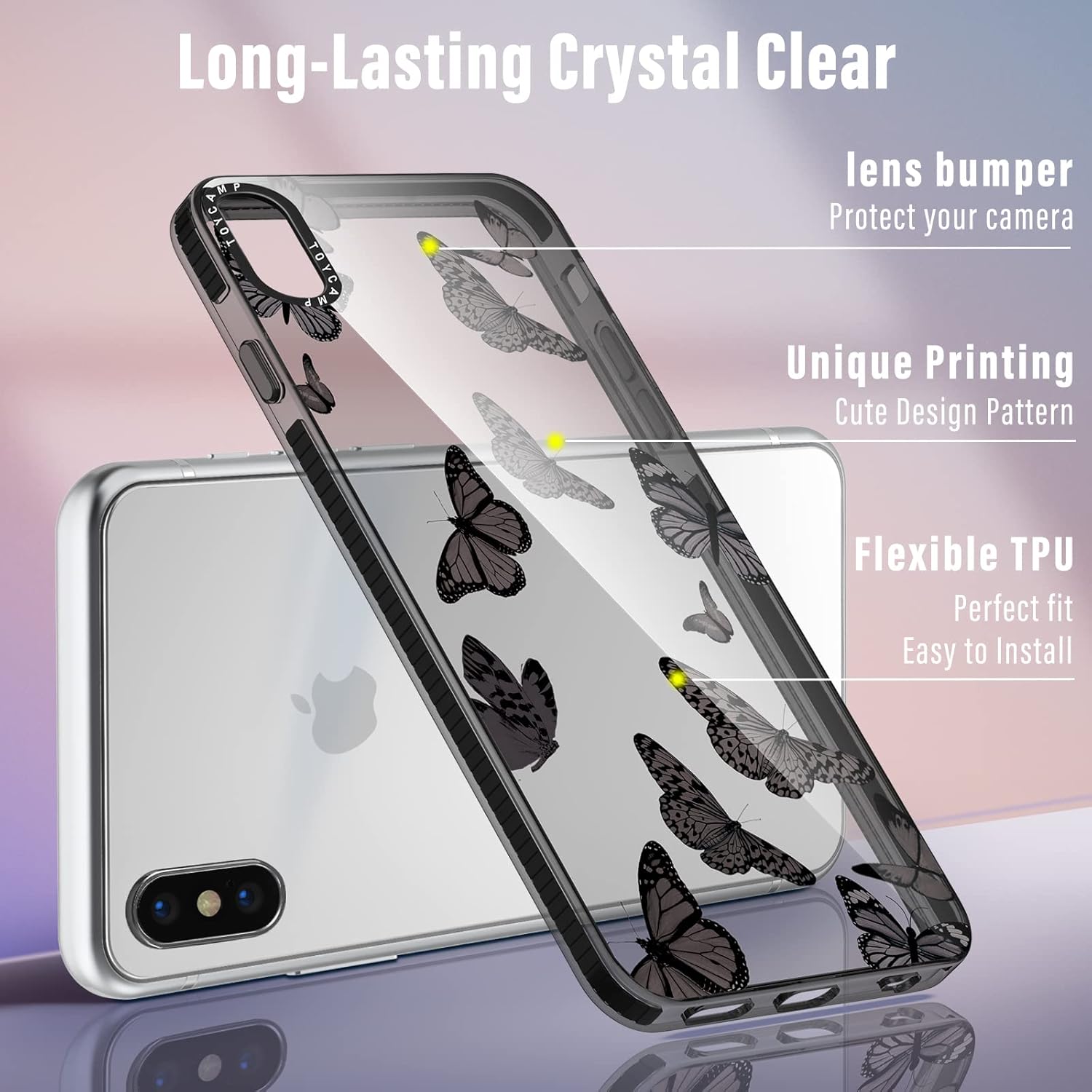 Toycamp Funda para iPhone Xs MAX con soporte de anillo, diseño de mariposas negras, funda de dibujos animados para mujeres, niñas, niños,