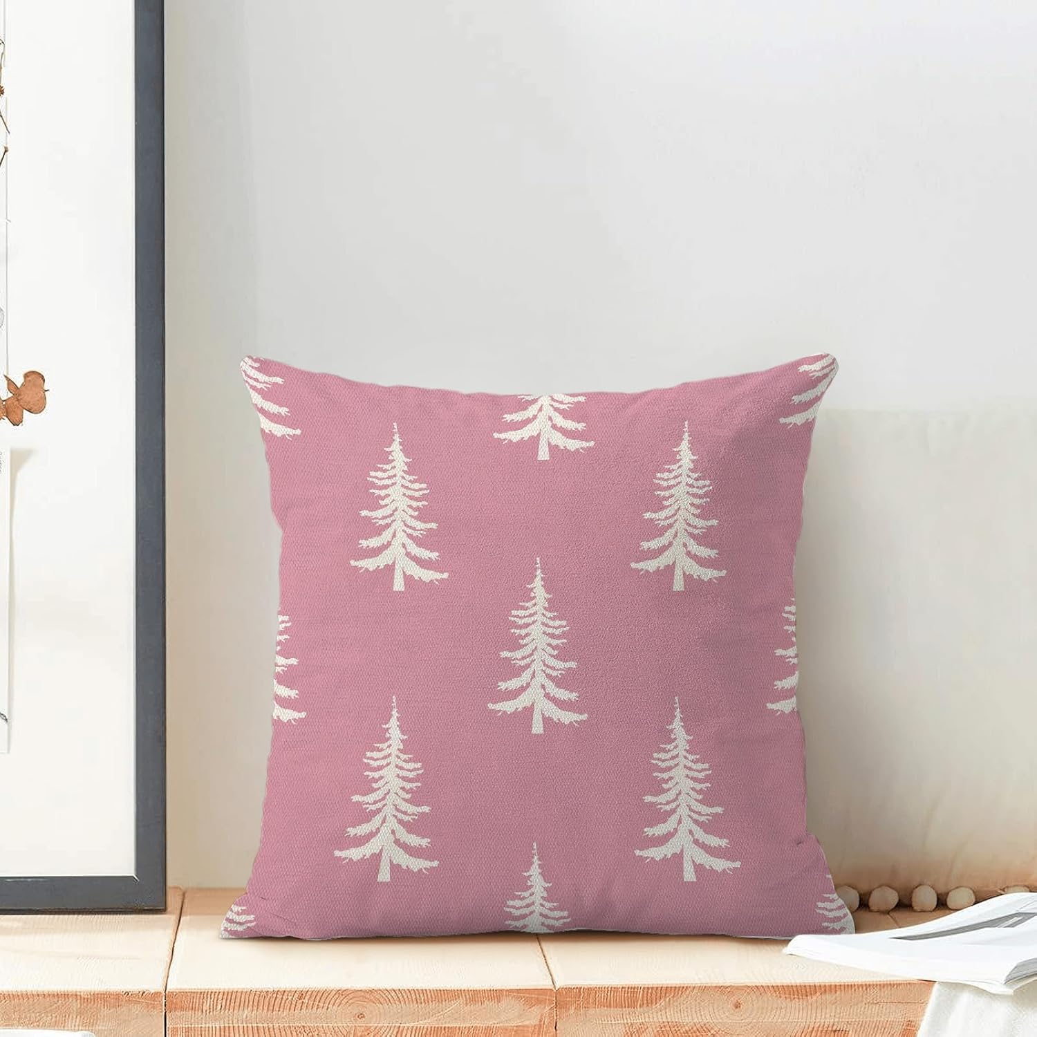 CXMEIFLY Juego de 2 fundas de almohada de Navidad de 18 x 18 pulgadas, color rosa y blanco, decoración de árbol de Navidad, para invierno, Navidad,