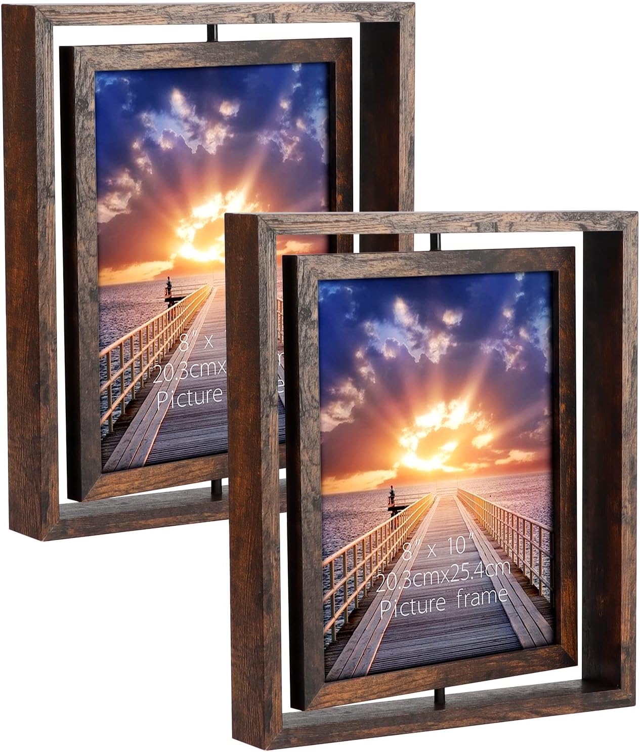 EXYGLO Paquete de 2 marcos de fotos flotantes giratorios rústicos de 8 x 10 pulgadas, marcos de fotos para exhibición de mesa vertical u horizontal,