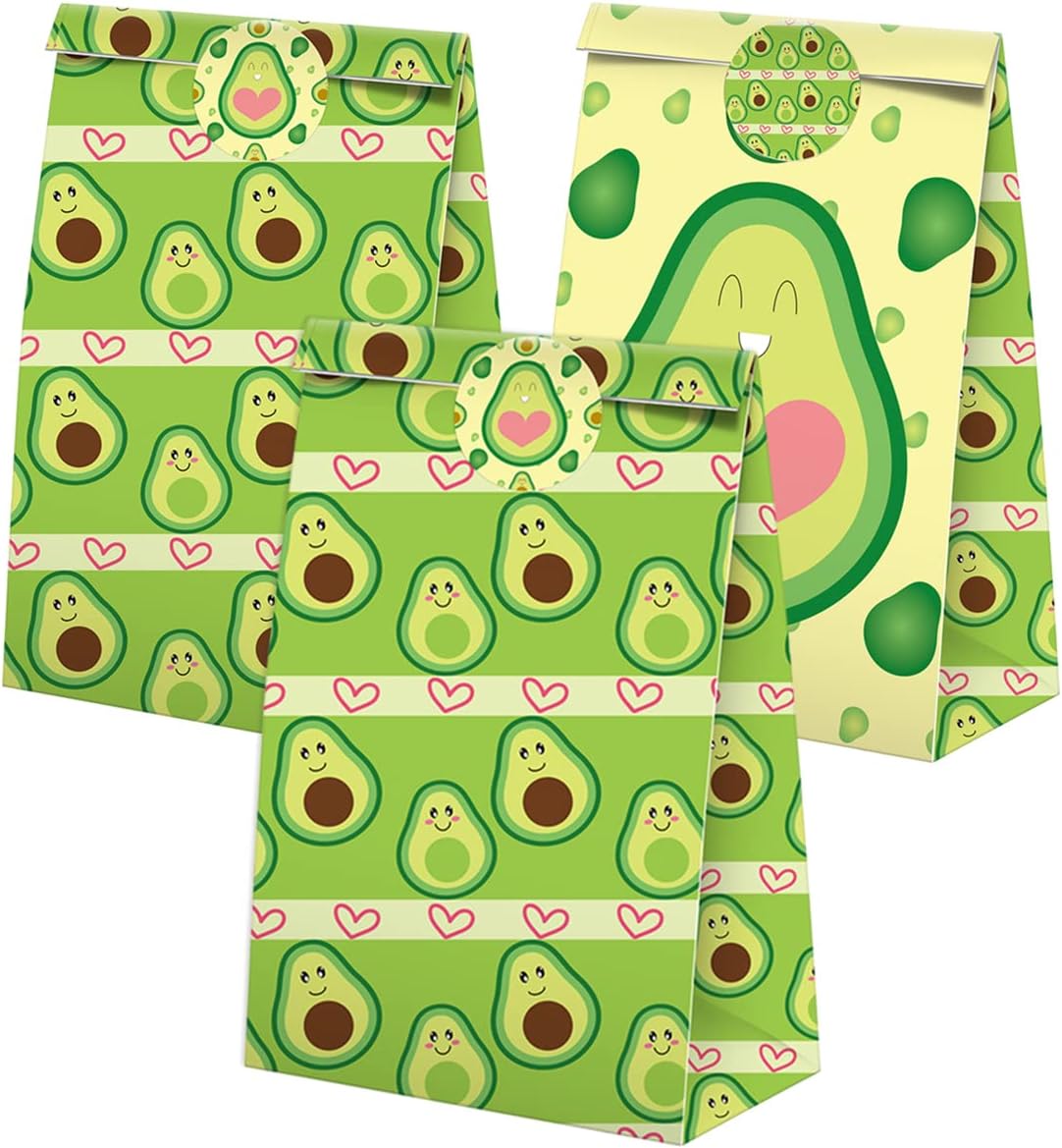 XGELUL Bolsas de dulces de aguacate con calcomanías, bolsas de regalo de aguacate, suministros para fiestas de cumpleaños con temática de aguacate
