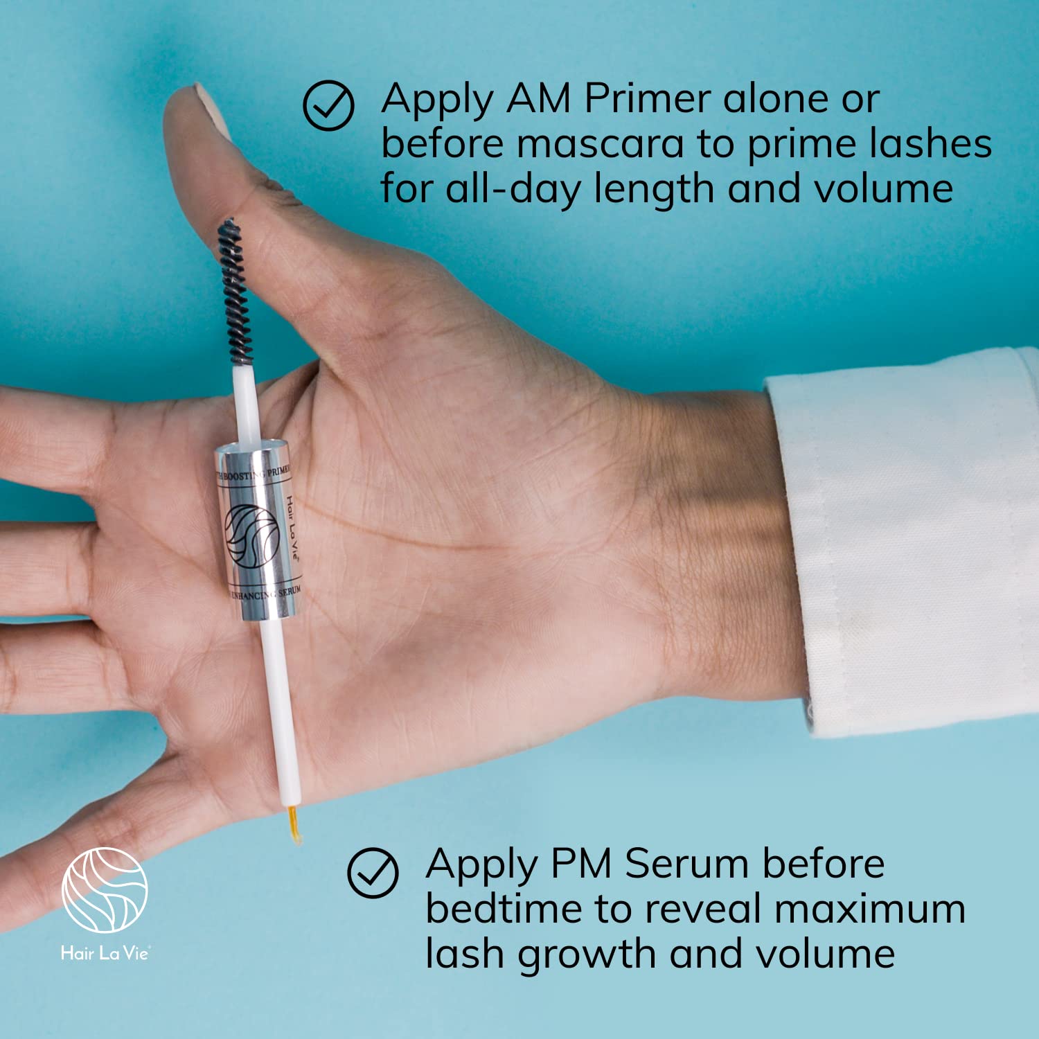 Lash24 de Hair La Vie – Suero de pestañas y suero de cejas – Potenciador de pestañas e imprimación – Fórmula dual con imprimación de pestañas AM y