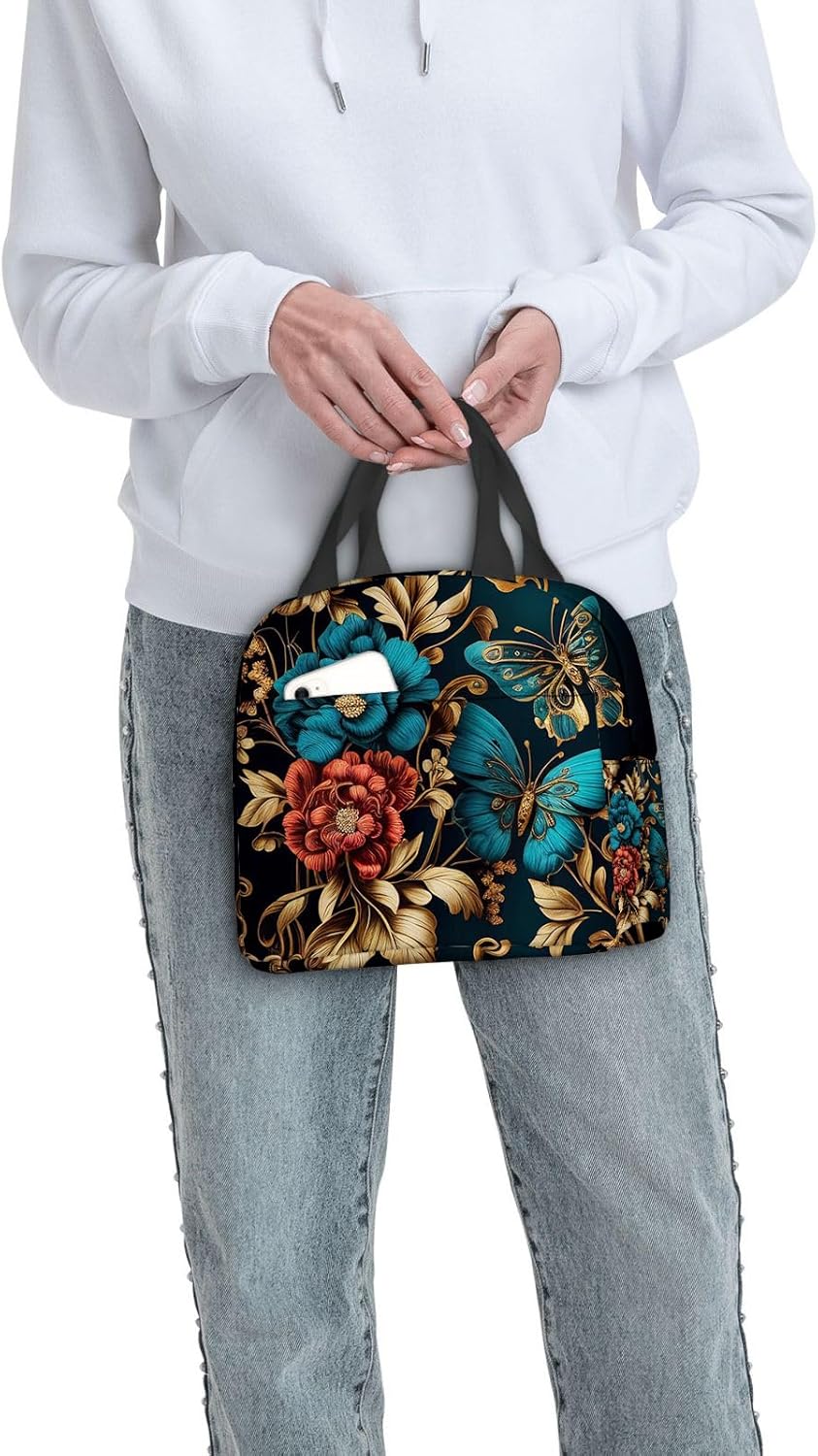 OOZ Lonchera térmica para mujeres y hombres, hermosas flores doradas y mariposas, reutilizable, a prueba de fugas, para el trabajo, oficina, picnic